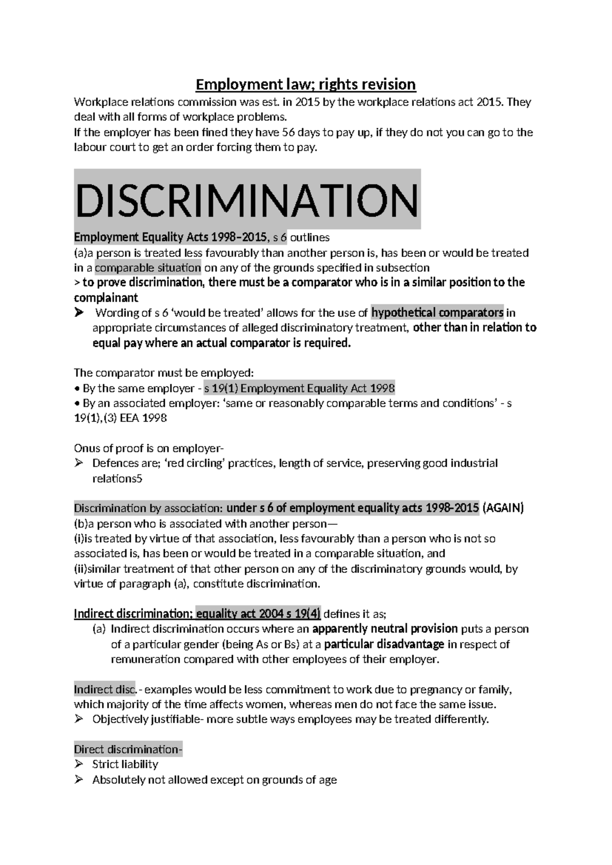Employment law revision notes - Employment law; rights revision ...