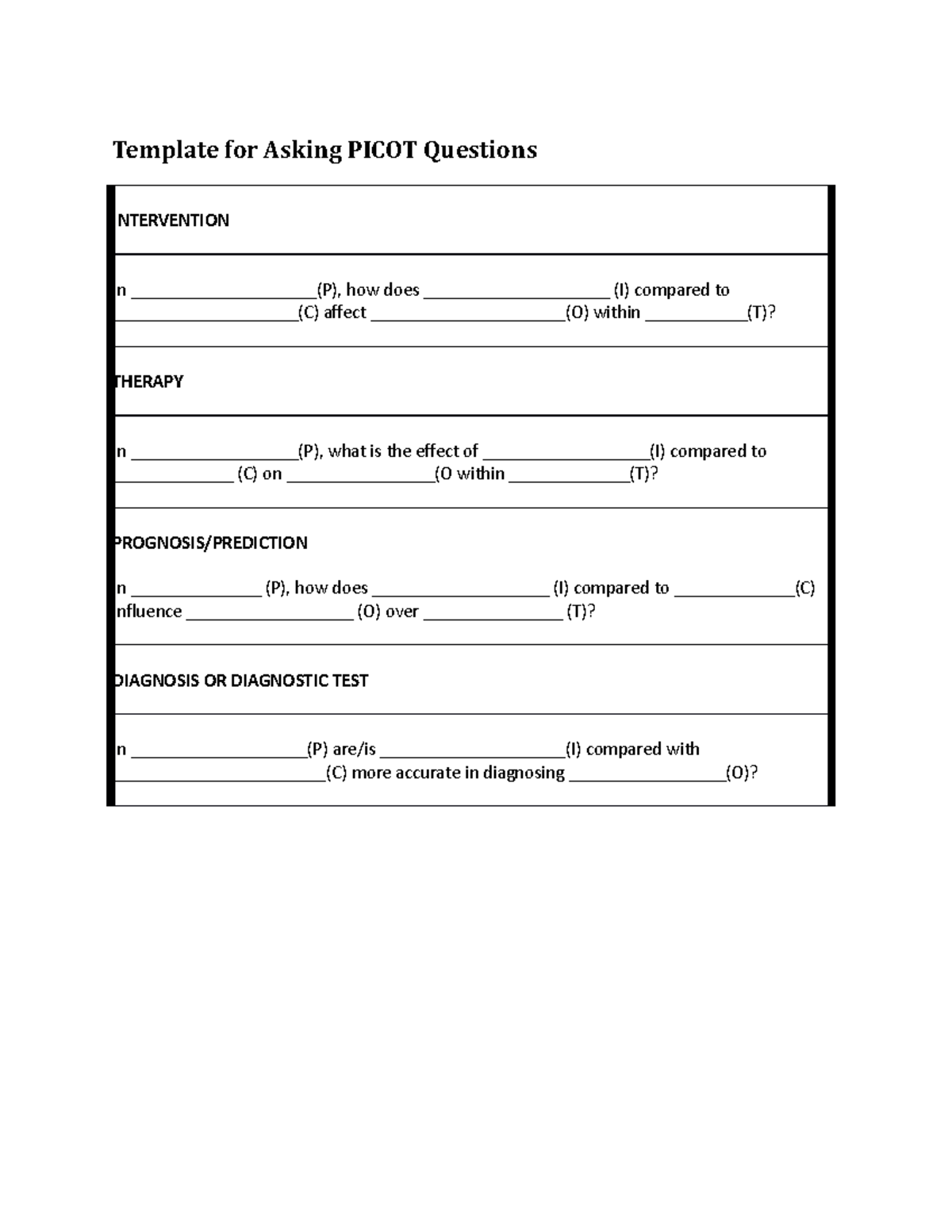 Template for Asking Picot Questions - Template for Asking PICOT ...