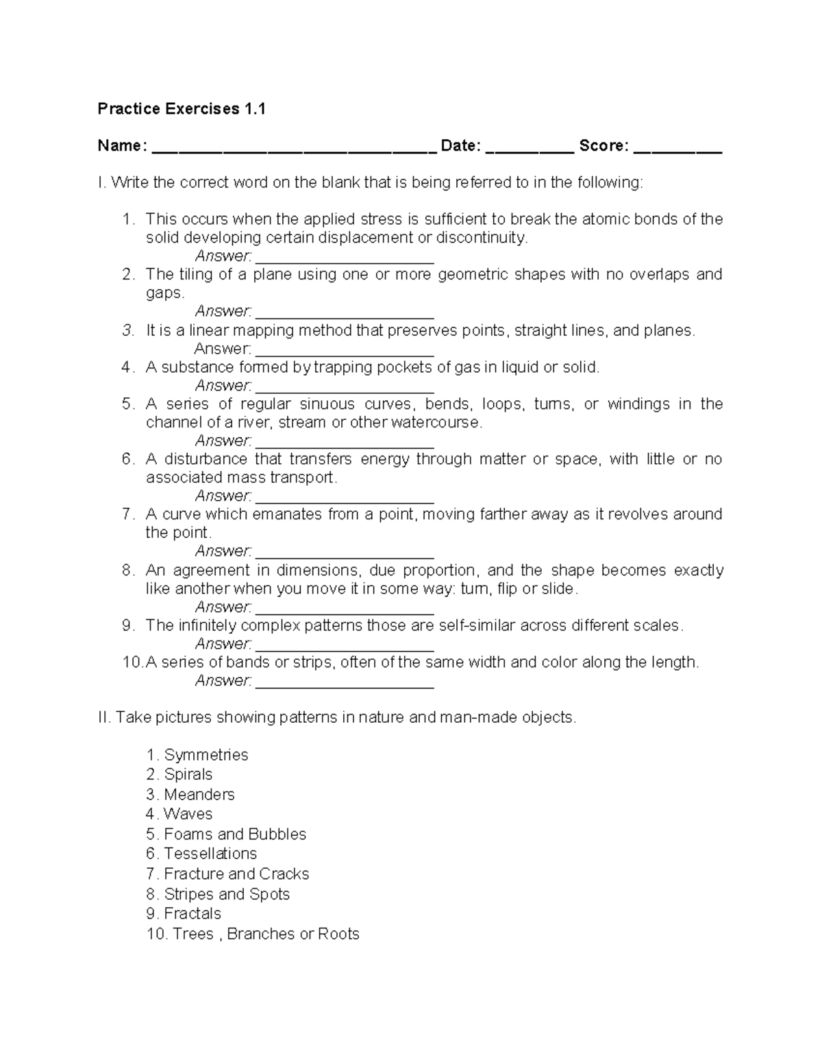 1.1 Patterns and Numbers in Nature and the World (Exercises