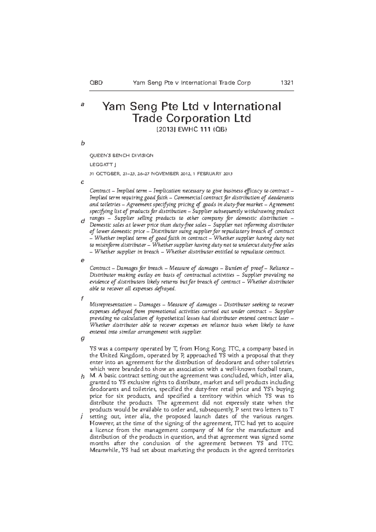 Yam Seng Pte Ltd v International Trade Corpo Yam Seng Pte Ltd v