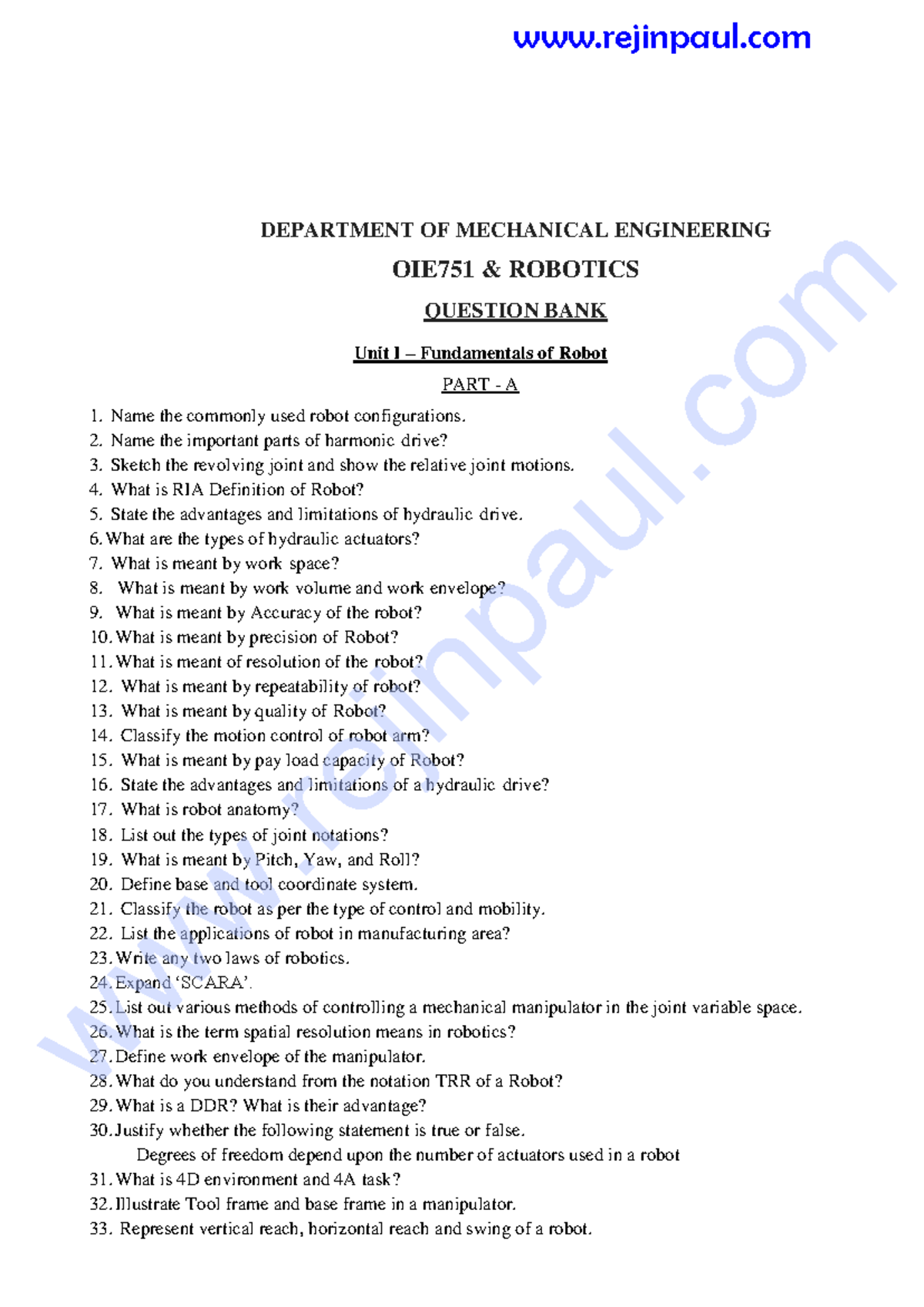 Robotics Question Bank 2012