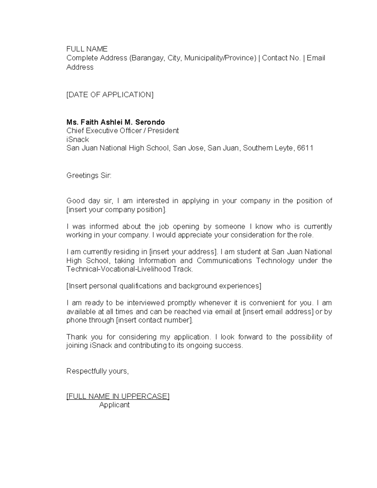 Application- Letter- Template-1 - FULL NAME Complete Address (Barangay ...