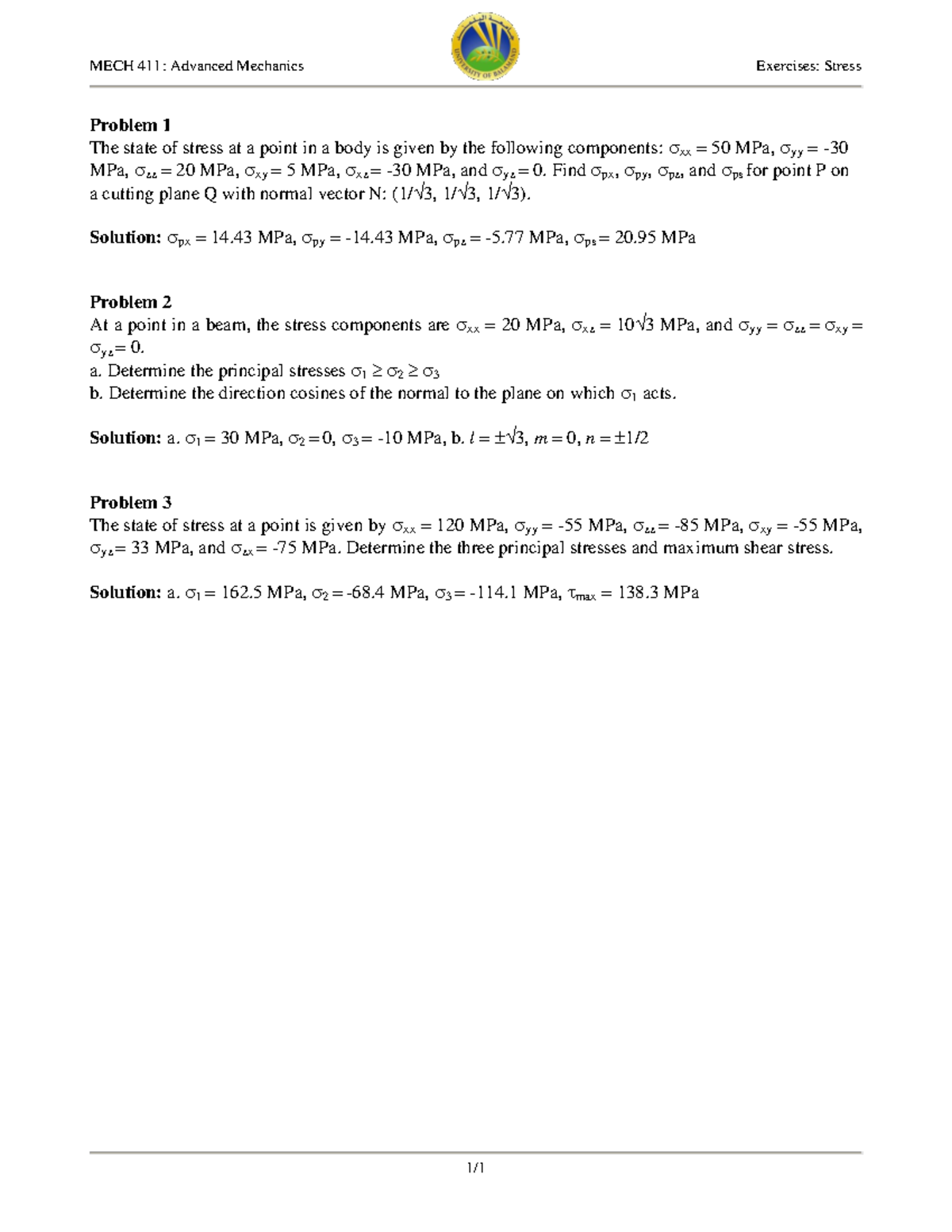 Assignment 1-Stress - MECH 411: Advanced Mechanics Exercises: Stress 1 ...
