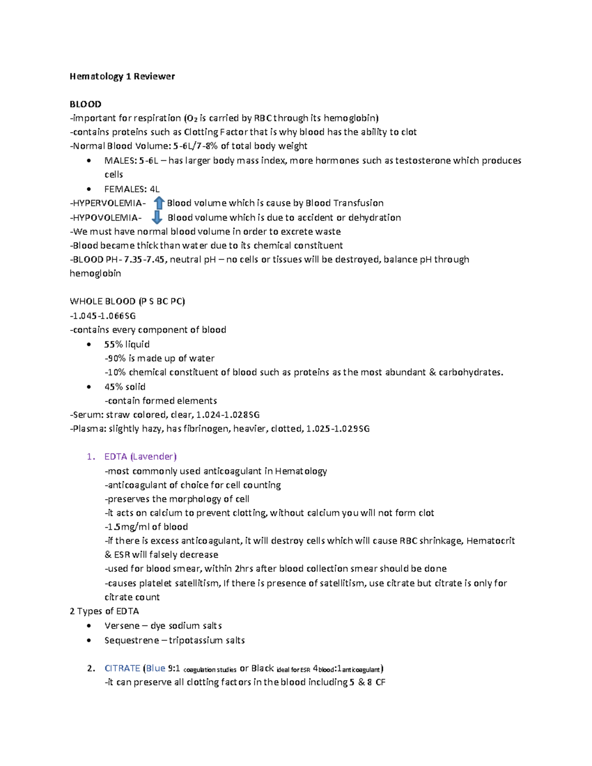 Hematology 1 Reviewer - Lecture notes 1 - Hematology 1 Reviewer BLOOD ...