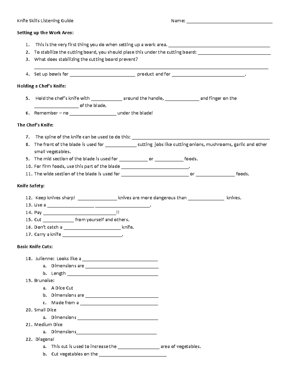 Knife Skills Worksheet For This Class Knife Skills Listening Guide Name Studocu