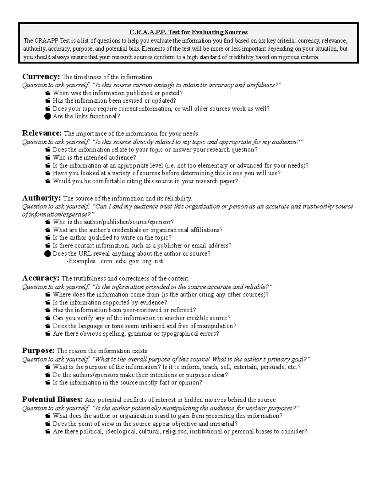 Craapp Test Handout This was a document that was handed out to know