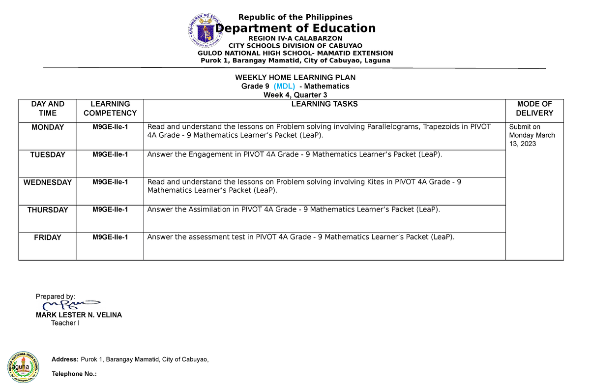 WHLP W4 MDL - Lecture notes - Republic of the Philippines Department of ...