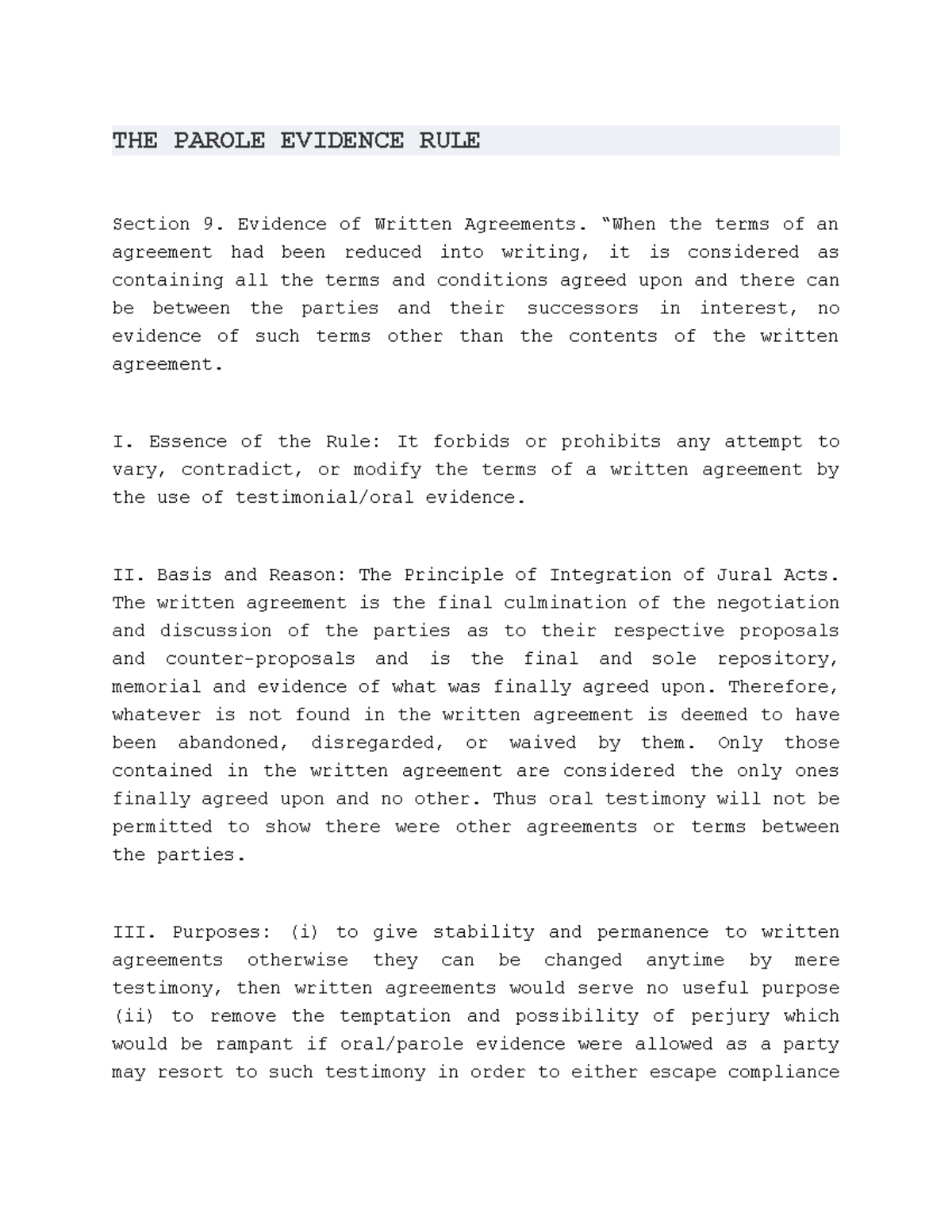 THE Parole Evidence RULE - THE PAROLE EVIDENCE RULE Section 9. Evidence ...