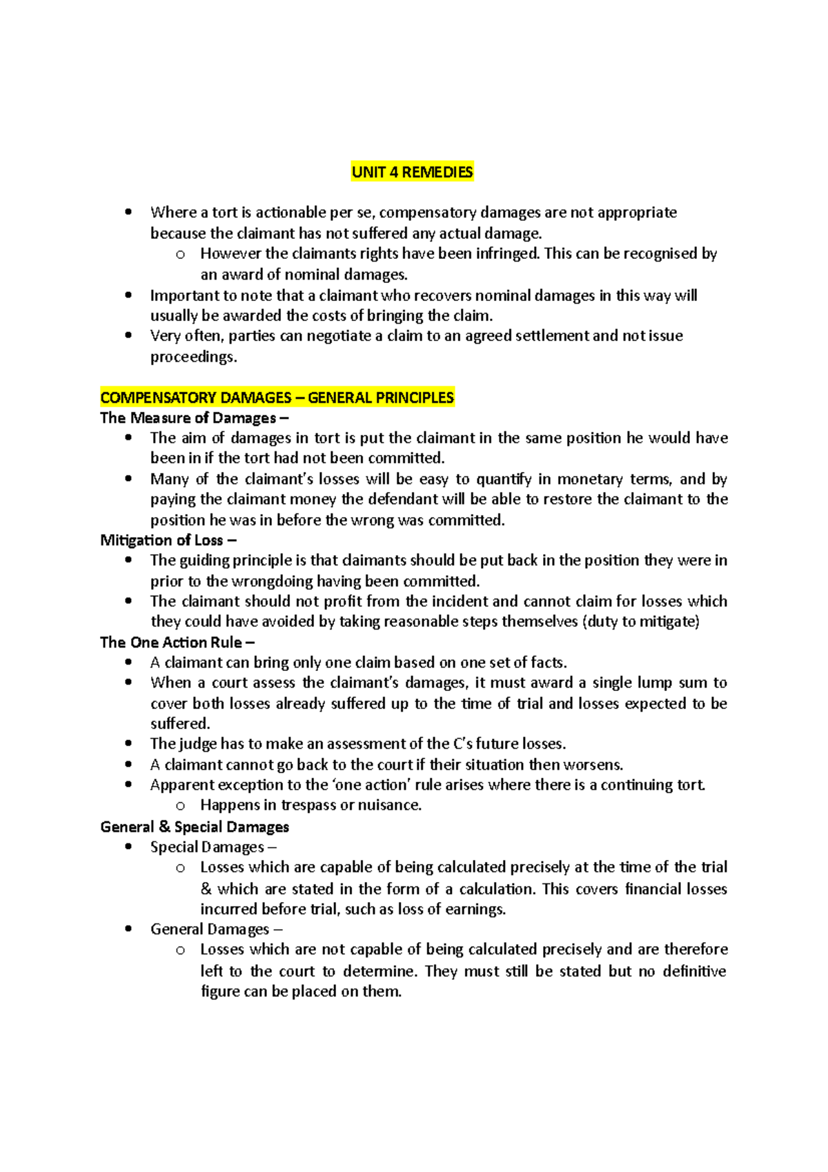 Remedies In Tort - UNIT 4 REMEDIES Where A Tort Is Actionable Per Se ...