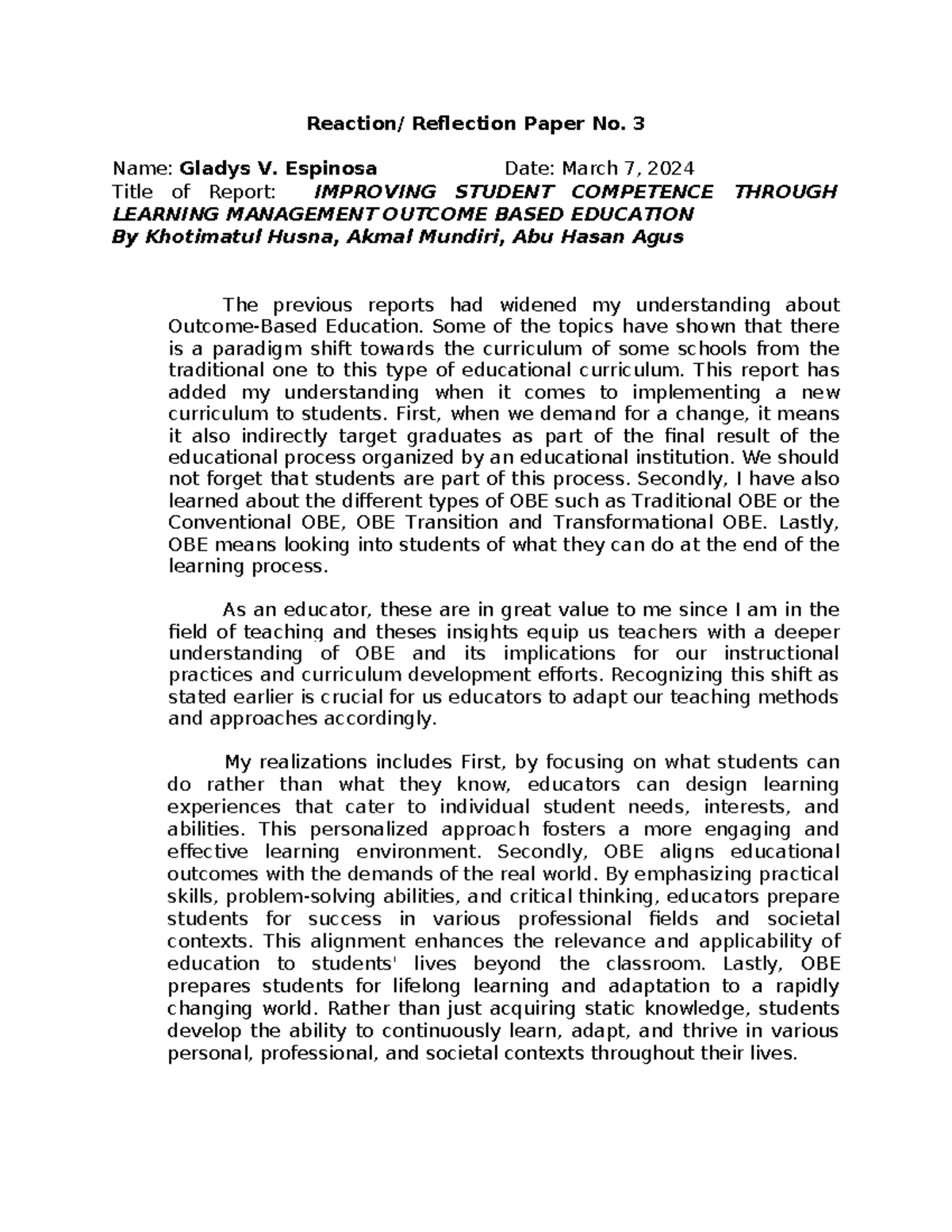 Espinosa Reaction Reflection Paper 3 - Reaction/ Reflection Paper No. 3 ...