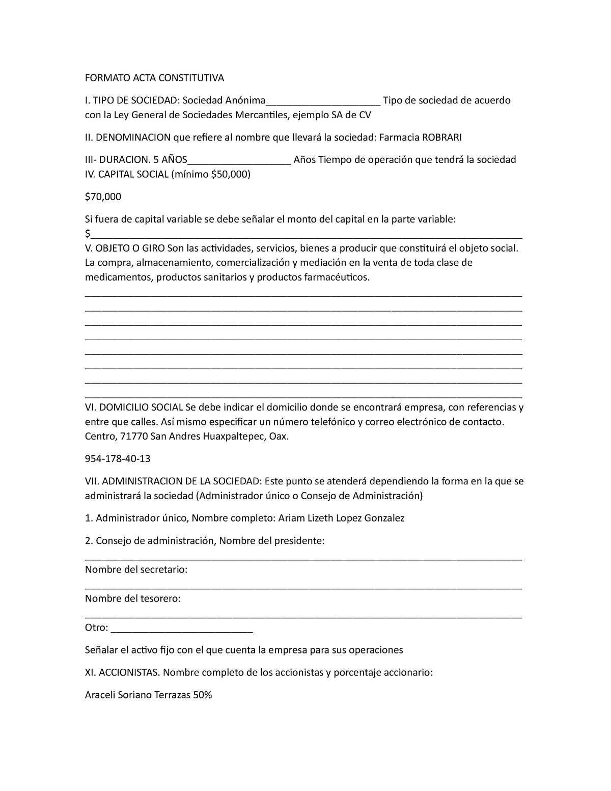 Formato Acta Constitutiva Formato Acta Constitutiva I Tipo De