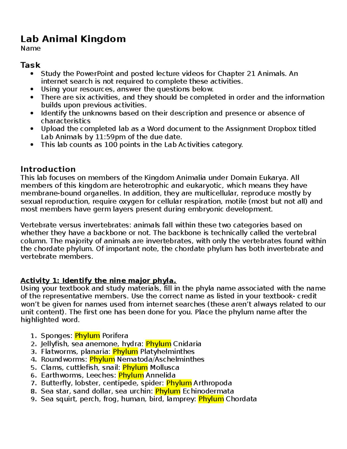 Lab Animal Kingdom 2 - Lab Animal Kingdom Name Task Study the ...