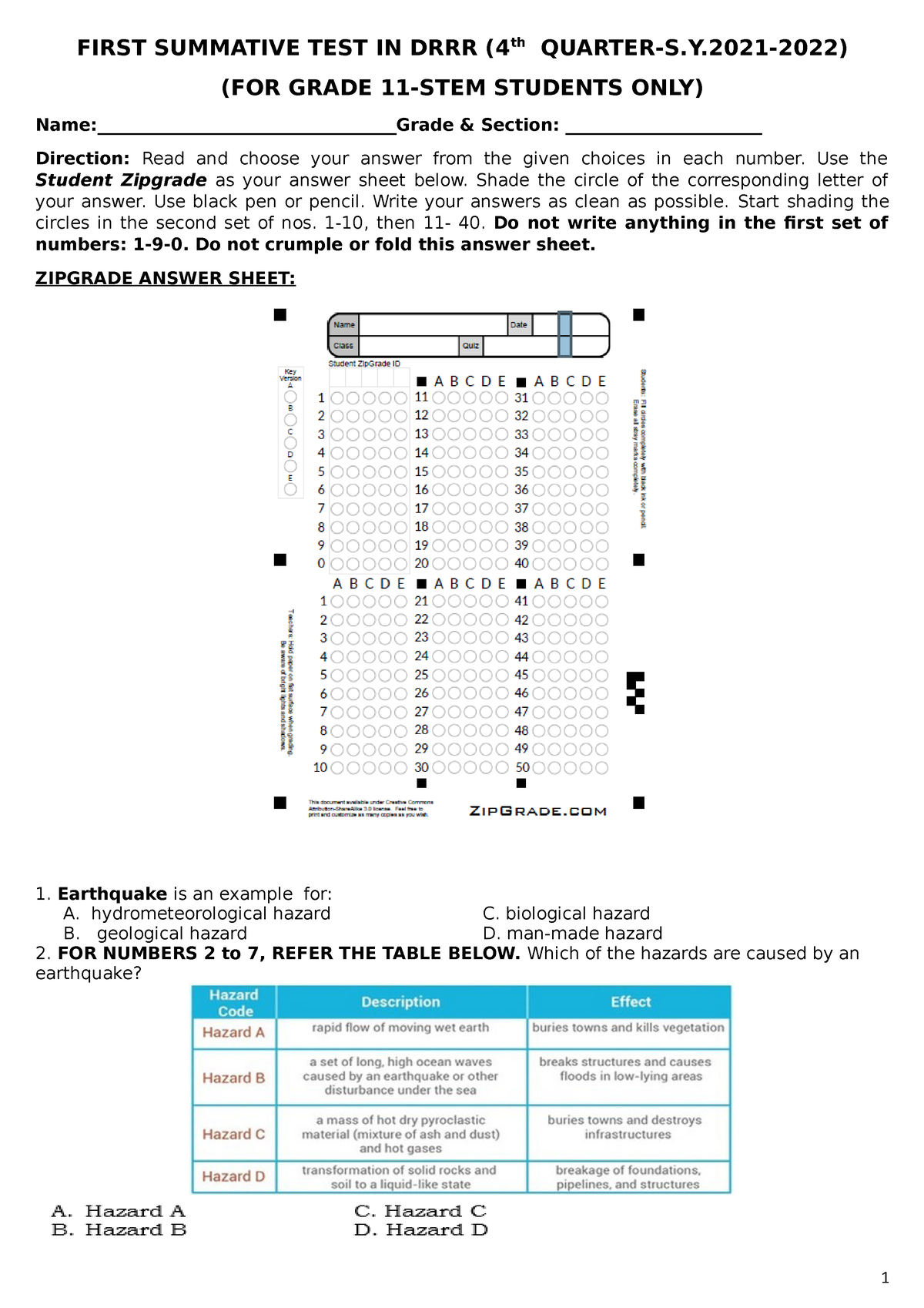 DRRR Drrr Module 4 FIRST SUMMATIVE TEST IN DRRR 4th QUARTER S Y 