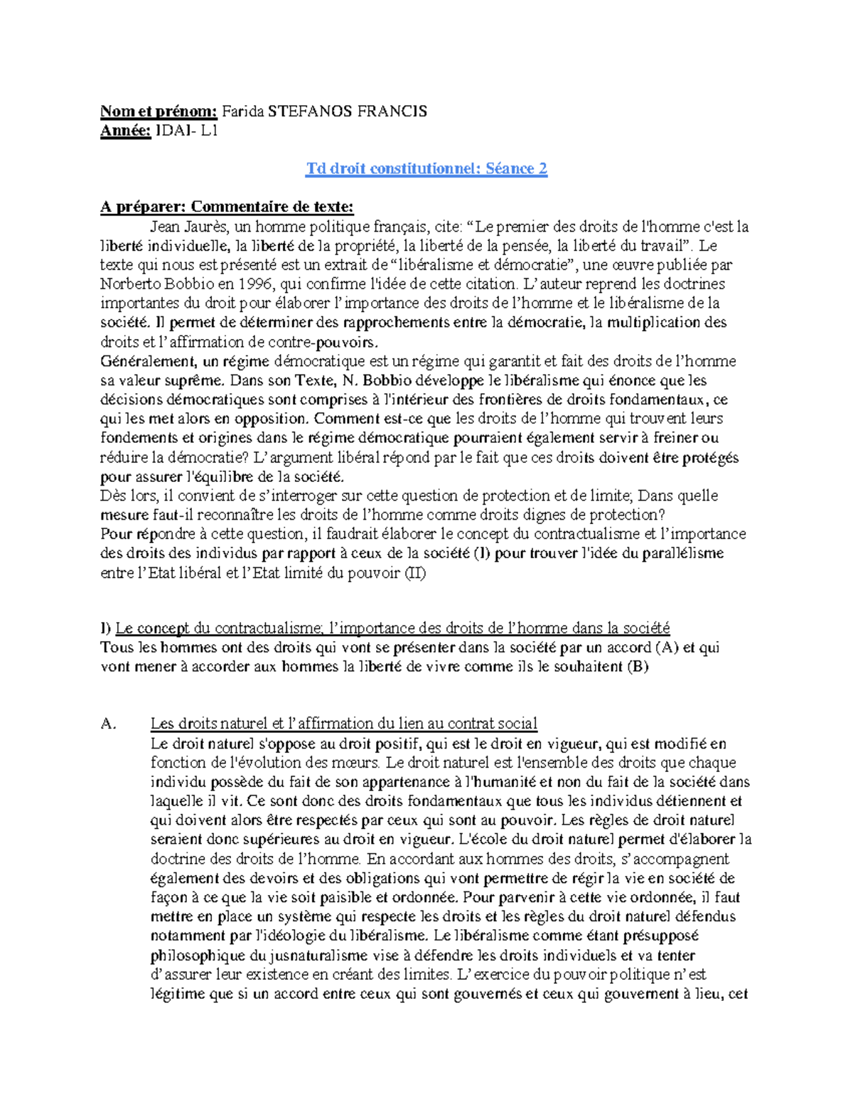 TD constit 2 - Commentaire de texte - Nom et prénom: Farida STEFANOS ...