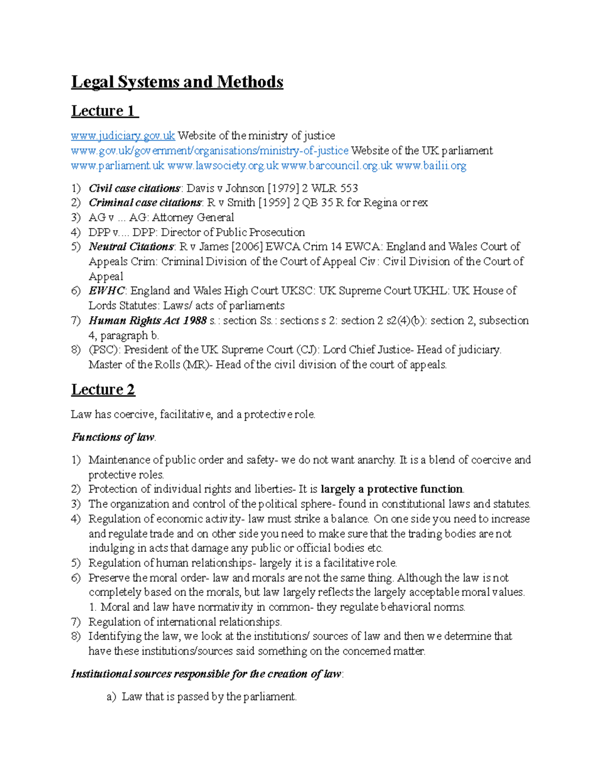 Legal Systems and Methods Legal Systems and Methods Lecture 1