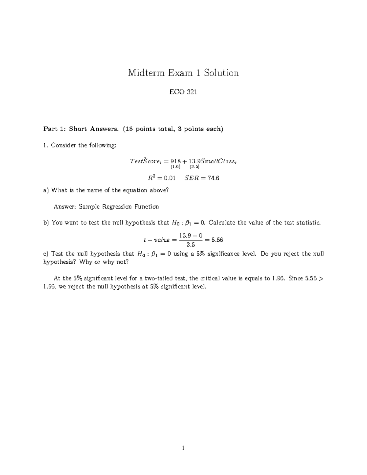 Exam 1 Solution - answers, tests, practice - Midterm Exam 1 Solution ...