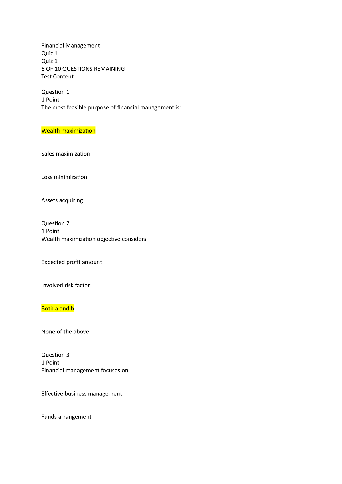 Financial Management QUIZ 1 Attempt 1 - Financial ManagementQuiz 1 Quiz ...