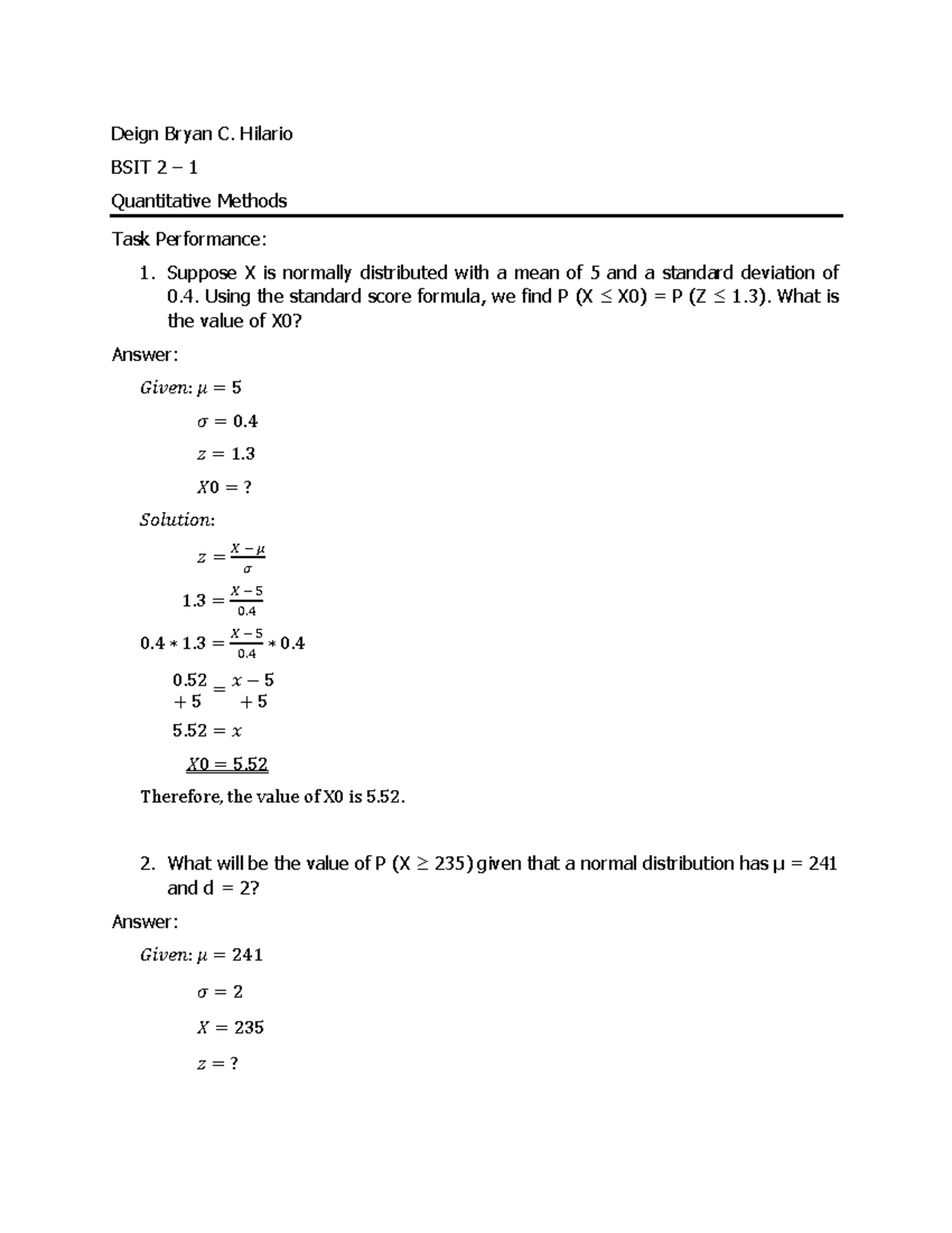 Quantitative Methods - 04 Task Performance 1 - Deign Bryan C. Hilario ...