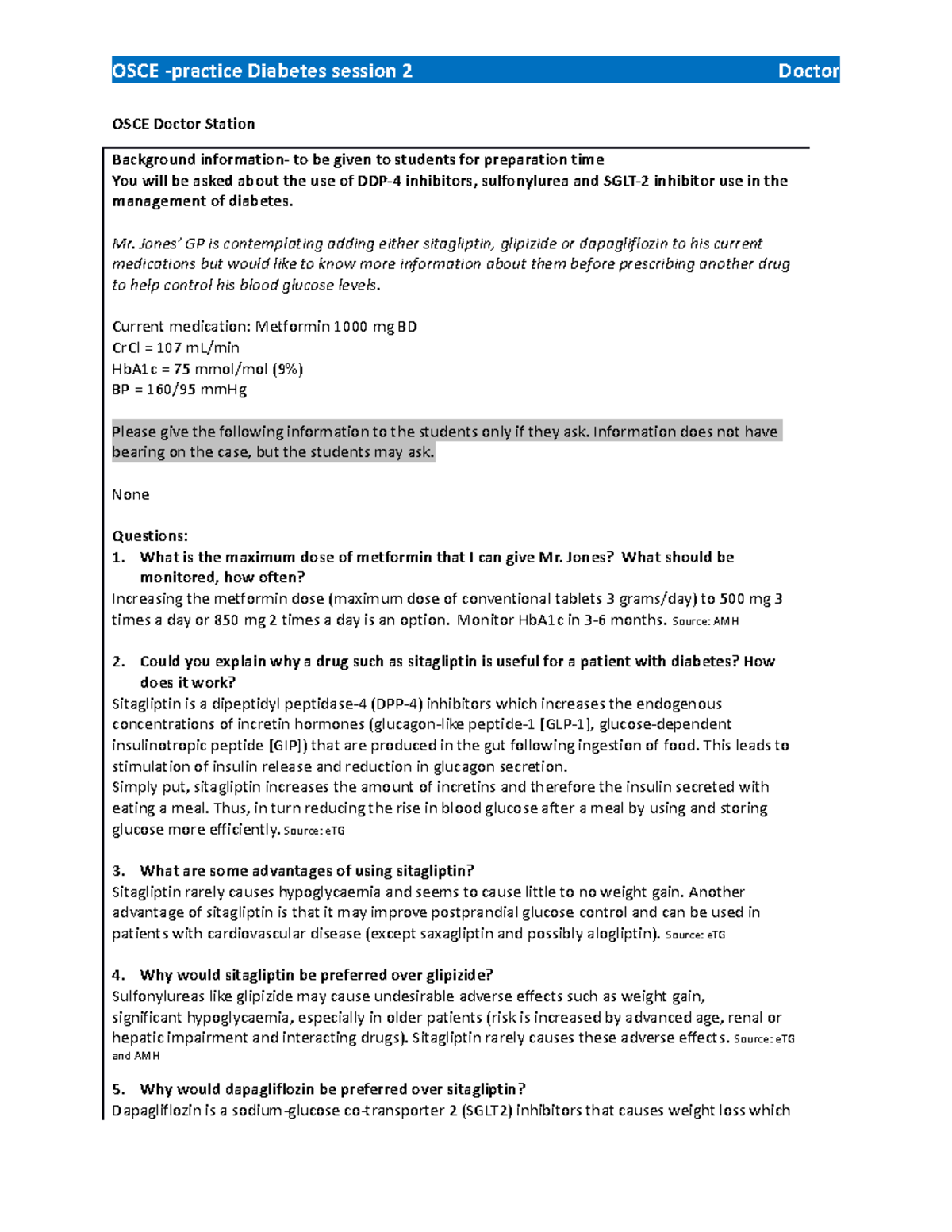 Phar3818 Diabetes 2 Practice Osce Blank Rubric-1 - Osce Doctor Station 