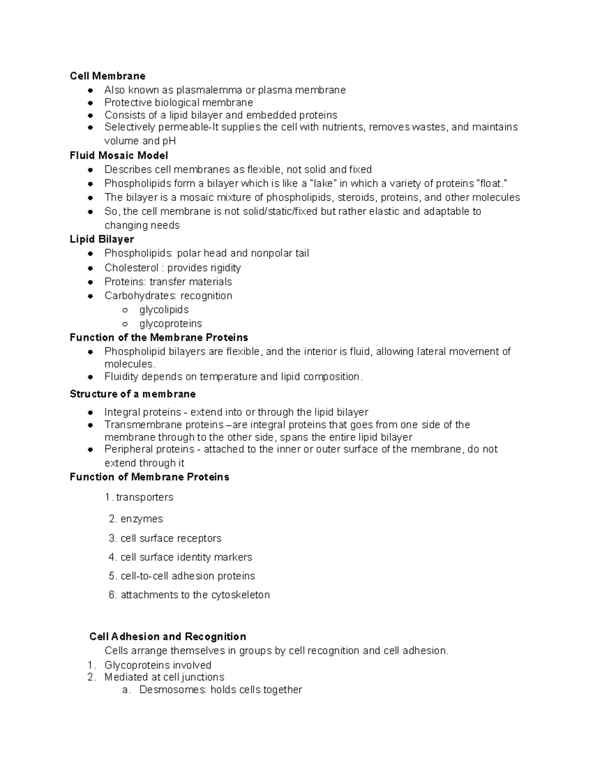 Chapter 6 Notes - Professor Kapoor - Cell Membrane Also known as ...