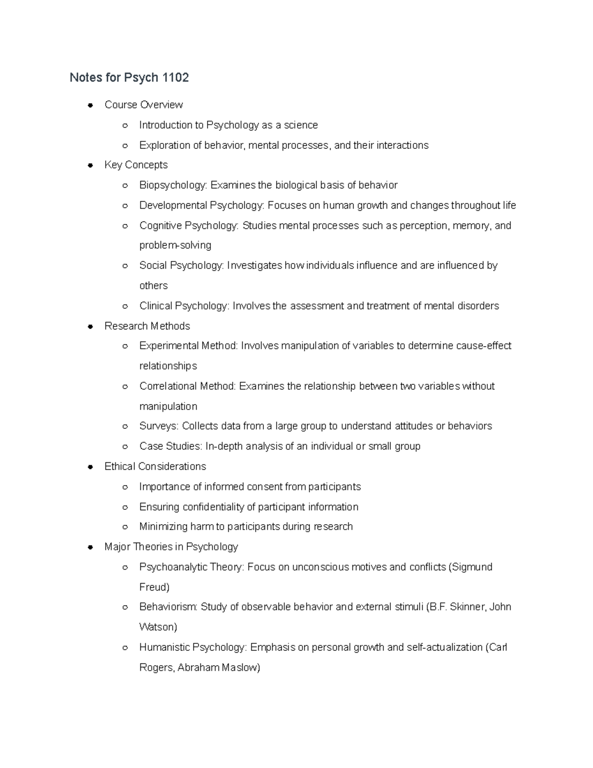 Notes for Psych 1102 - pysch overview - Notes for Psych 1102 Course ...