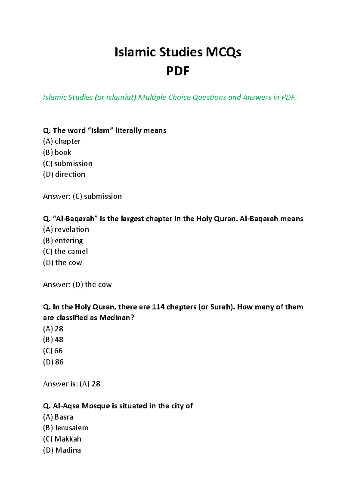 Islamic studies mcqs 1 - Test - Islamic Studies MCQs PDF Islamic ...