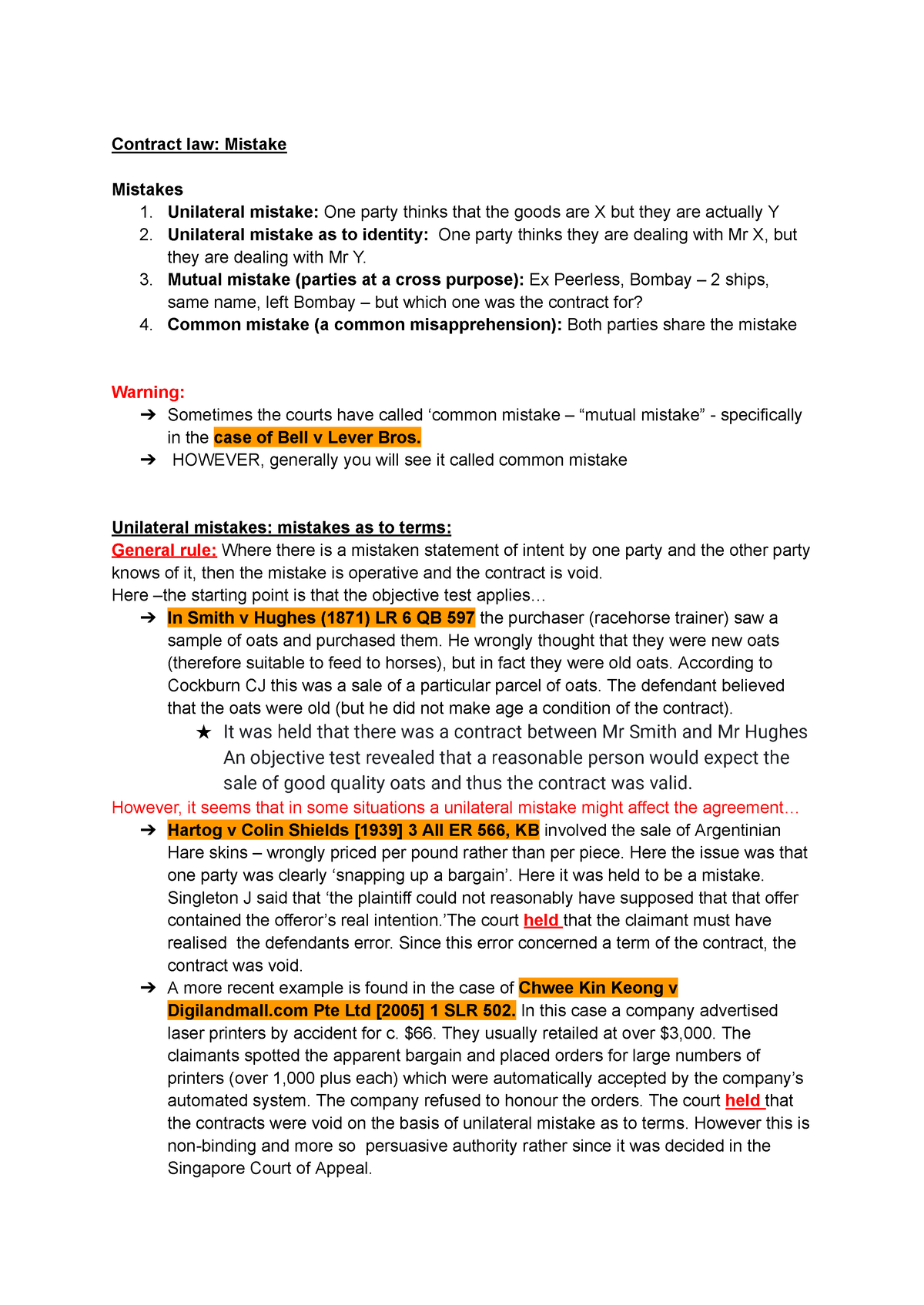 Contract law: Mistake - Studocu