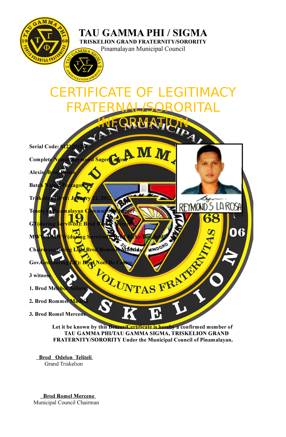 certificate of legitimacy tau gamma sigma