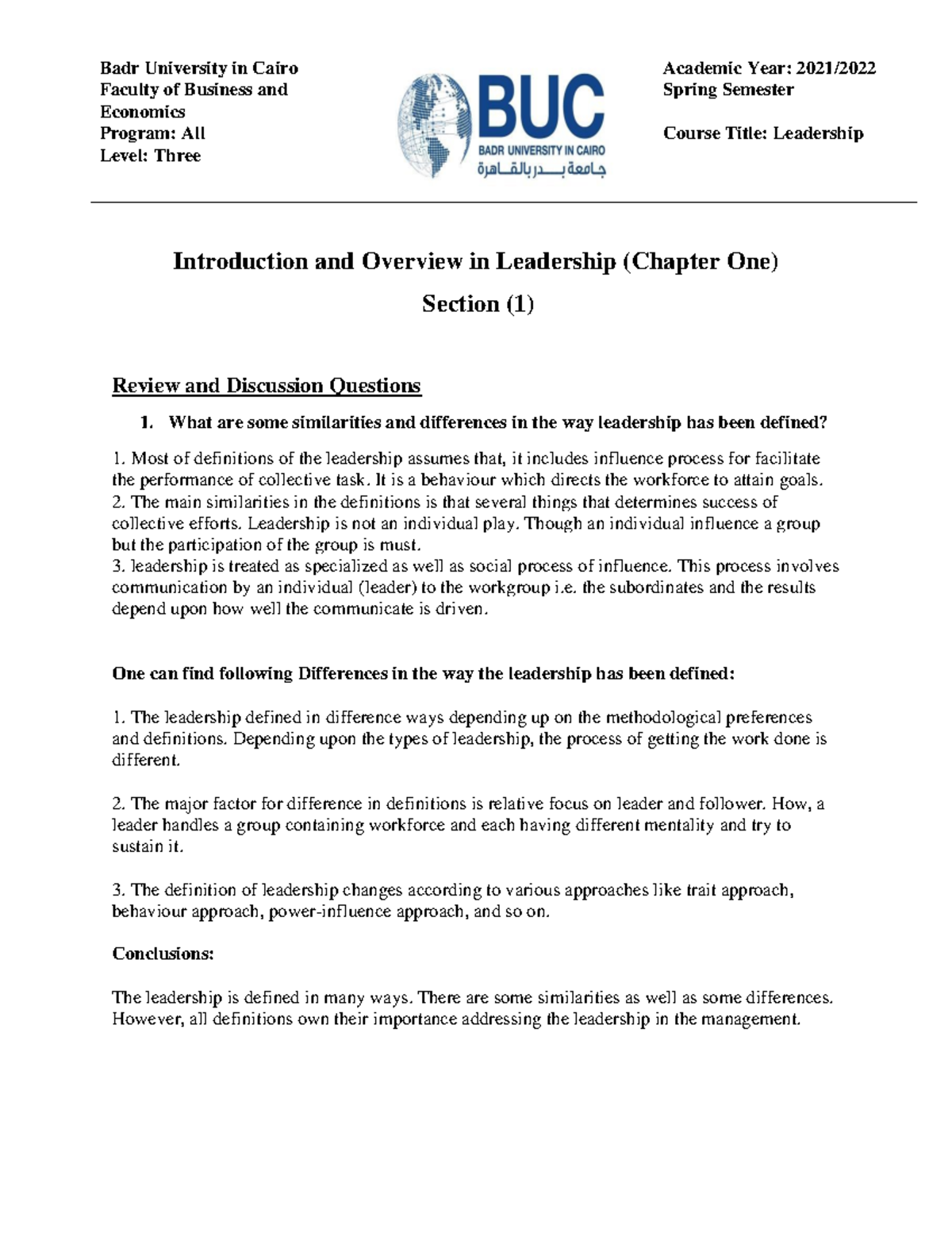 Leadership section - Faculty of Business and Economics Spring Semester ...