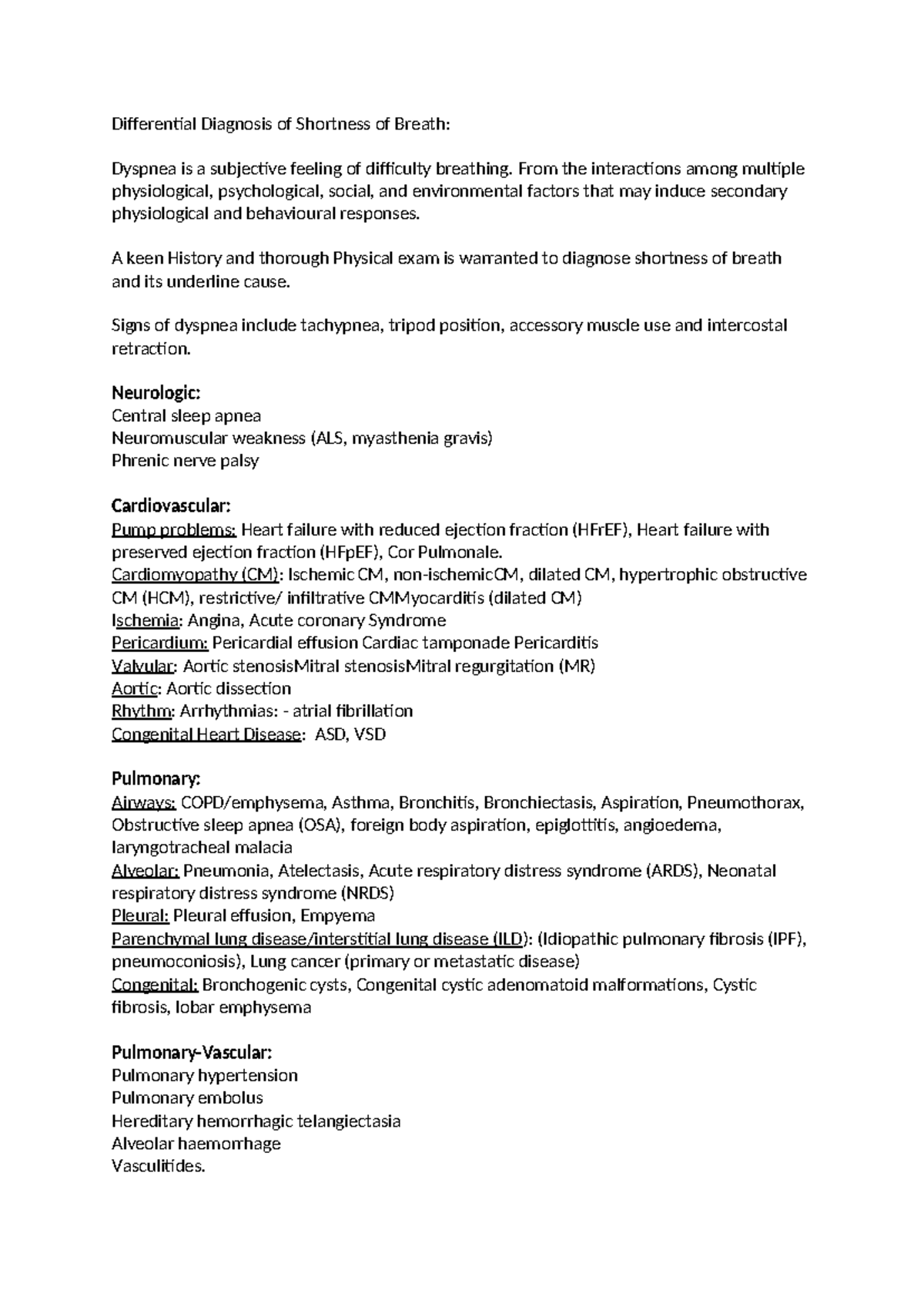 Differential Diagnosis of Shortness of Breath - From the interactions ...