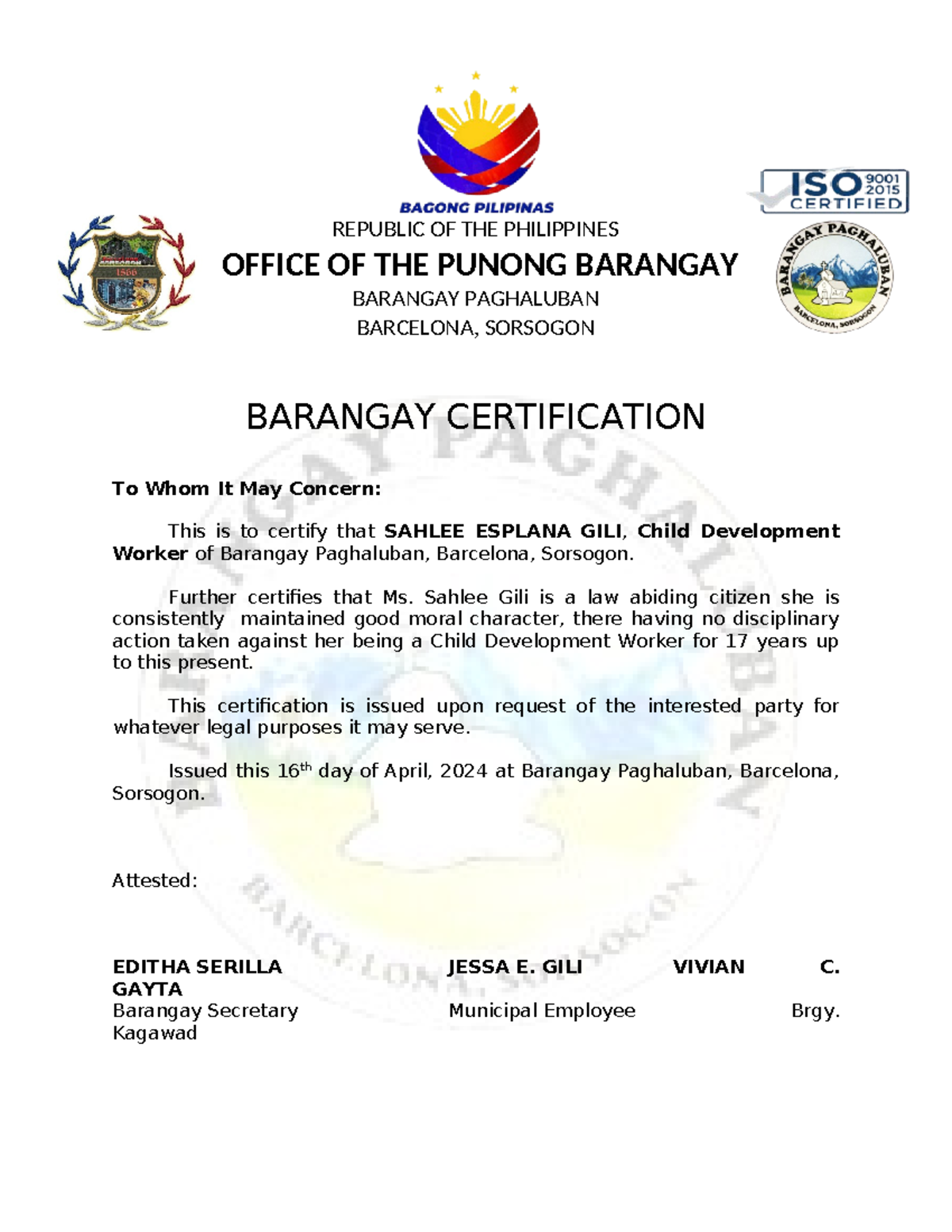 Certificate OF 3 References - REPUBLIC OF THE PHILIPPINES OFFICE OF THE ...