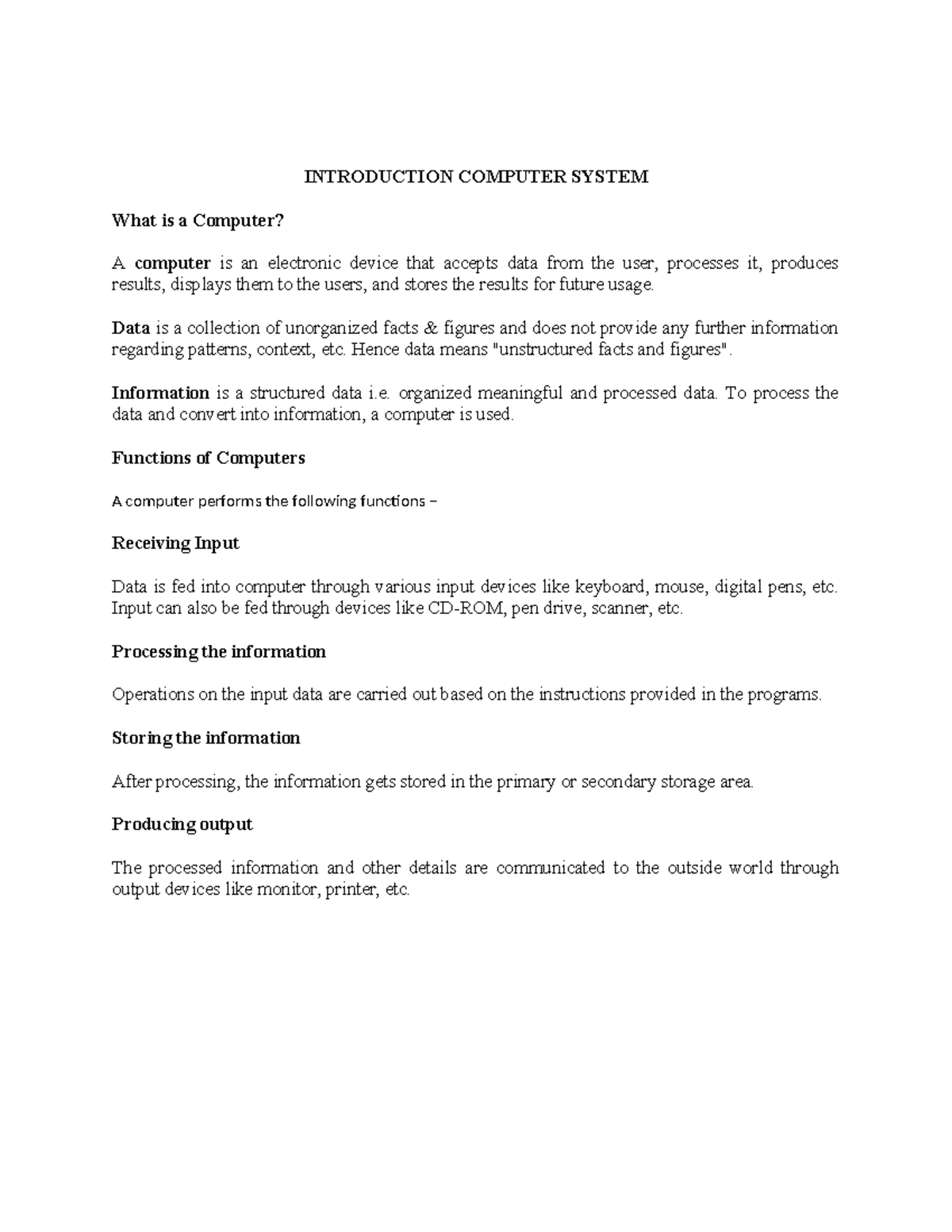 Computer System - INTRODUCTION COMPUTER SYSTEM What is a Computer? A ...