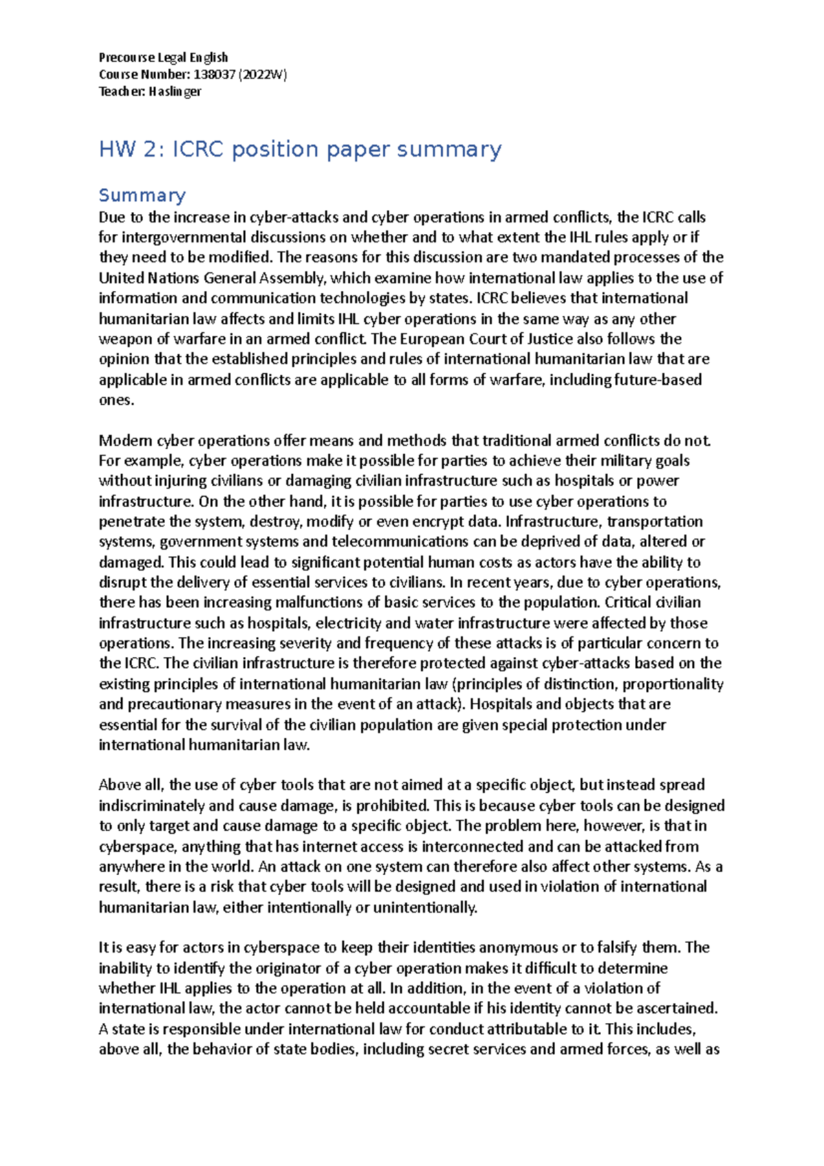 HW 2 ICRC position paper summary - Precourse Legal English Course ...