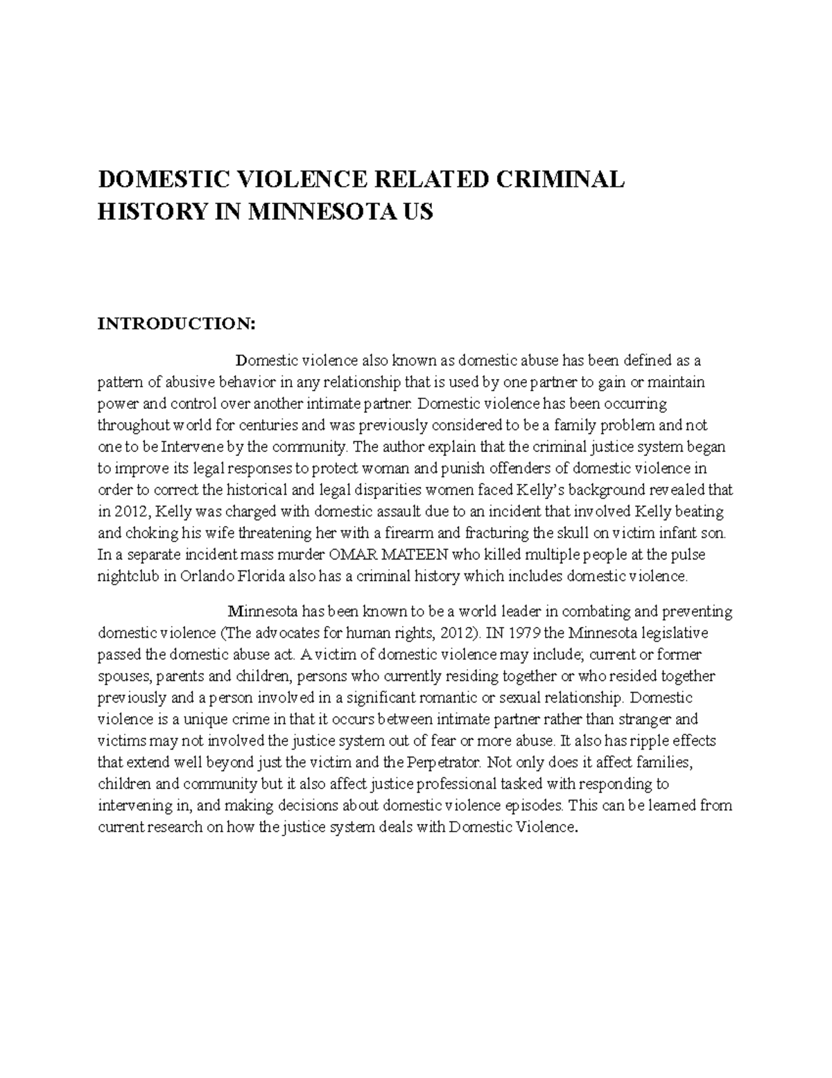 Domestic Violence Criminal History DOMESTIC VIOLENCE RELATED CRIMINAL