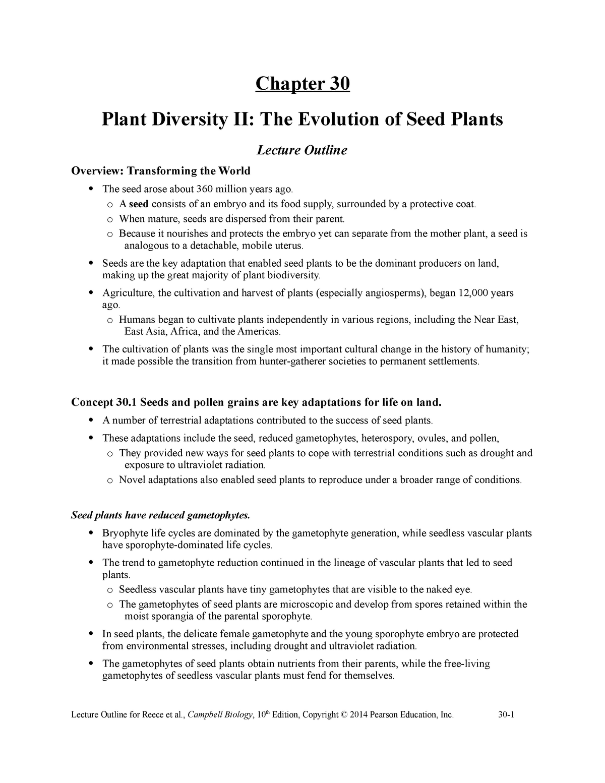 Chapter 30 Lecture Notes - Chapter 30 Plant Diversity II: The Evolution ...