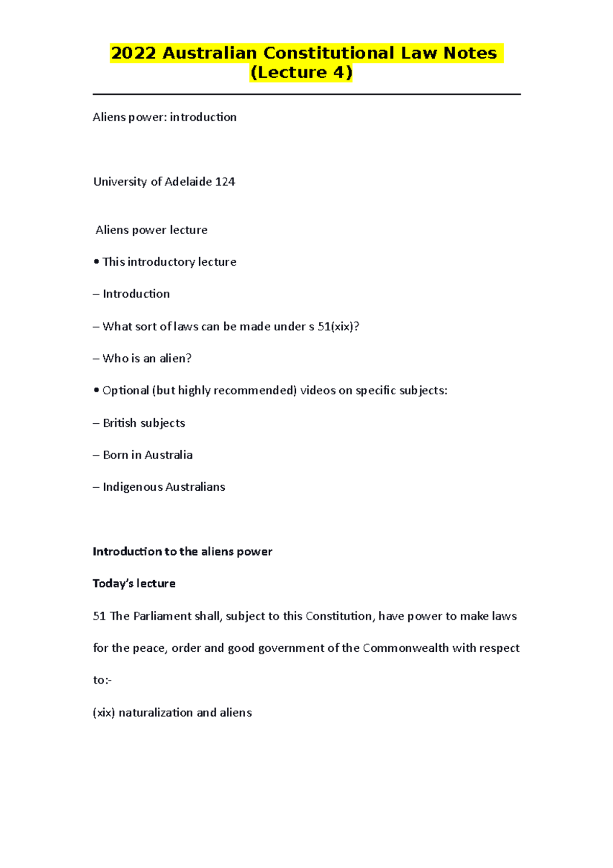 2022 Australian Constitutional Law Notes (Lecture 4) - (Lecture 4 ...