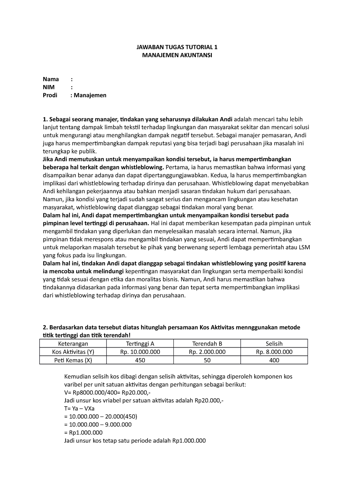 TT1 (Akuntasi Manajemen) - JAWABAN TUGAS TUTORIAL 1 MANAJEMEN AKUNTANSI ...
