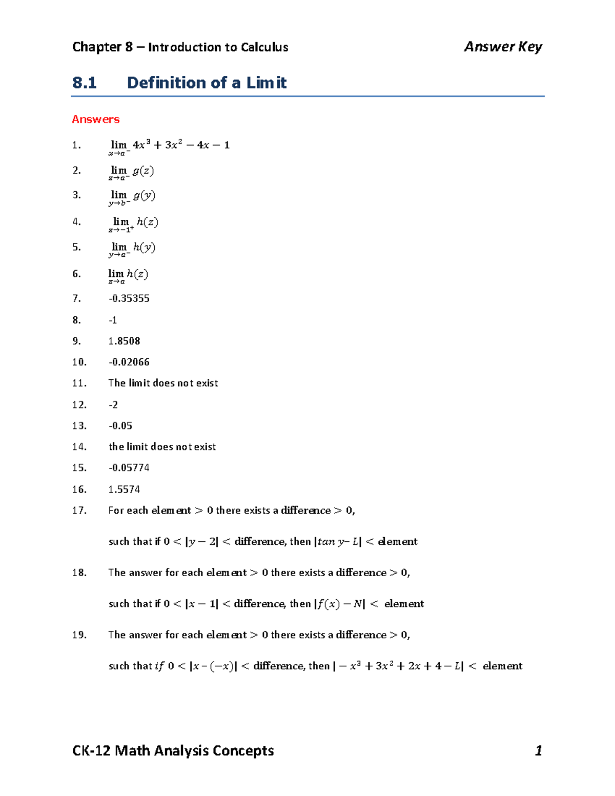 Answer Key CK-12 Chapter 08 Math Analysis Concepts - 8 Definition of a ...