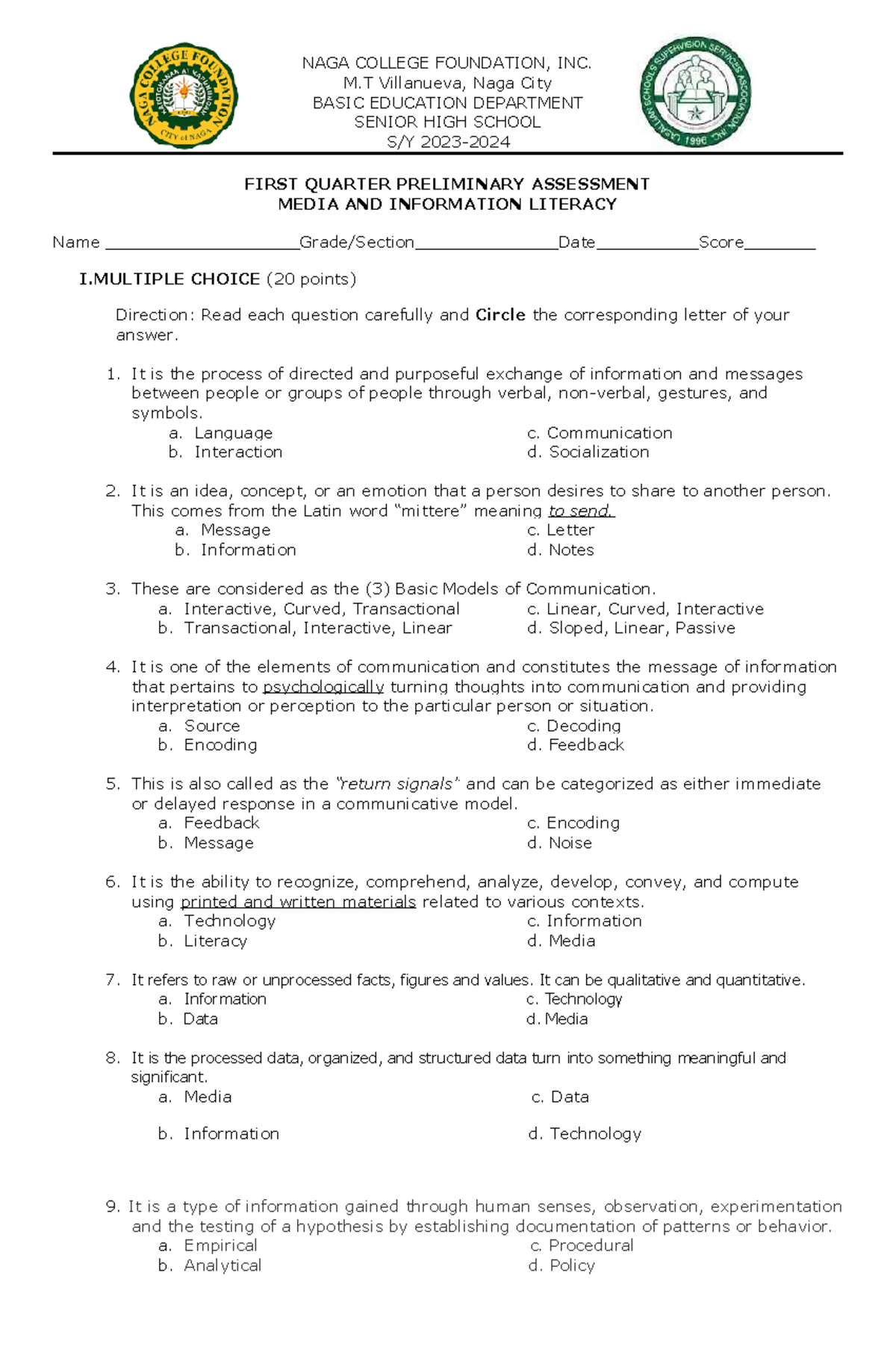 First Quarter Preliminary Assessment - NAGA COLLEGE FOUNDATION, INC. M ...