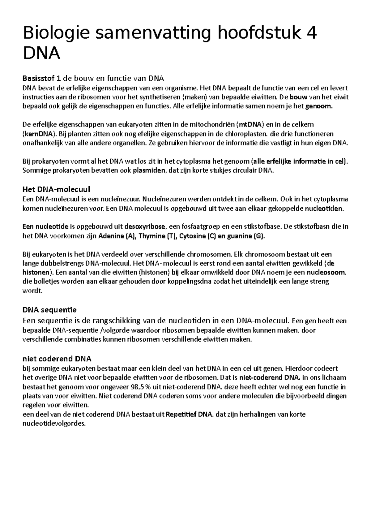 VWO 5 Biologie Samenvatting DNA - Studeersnel