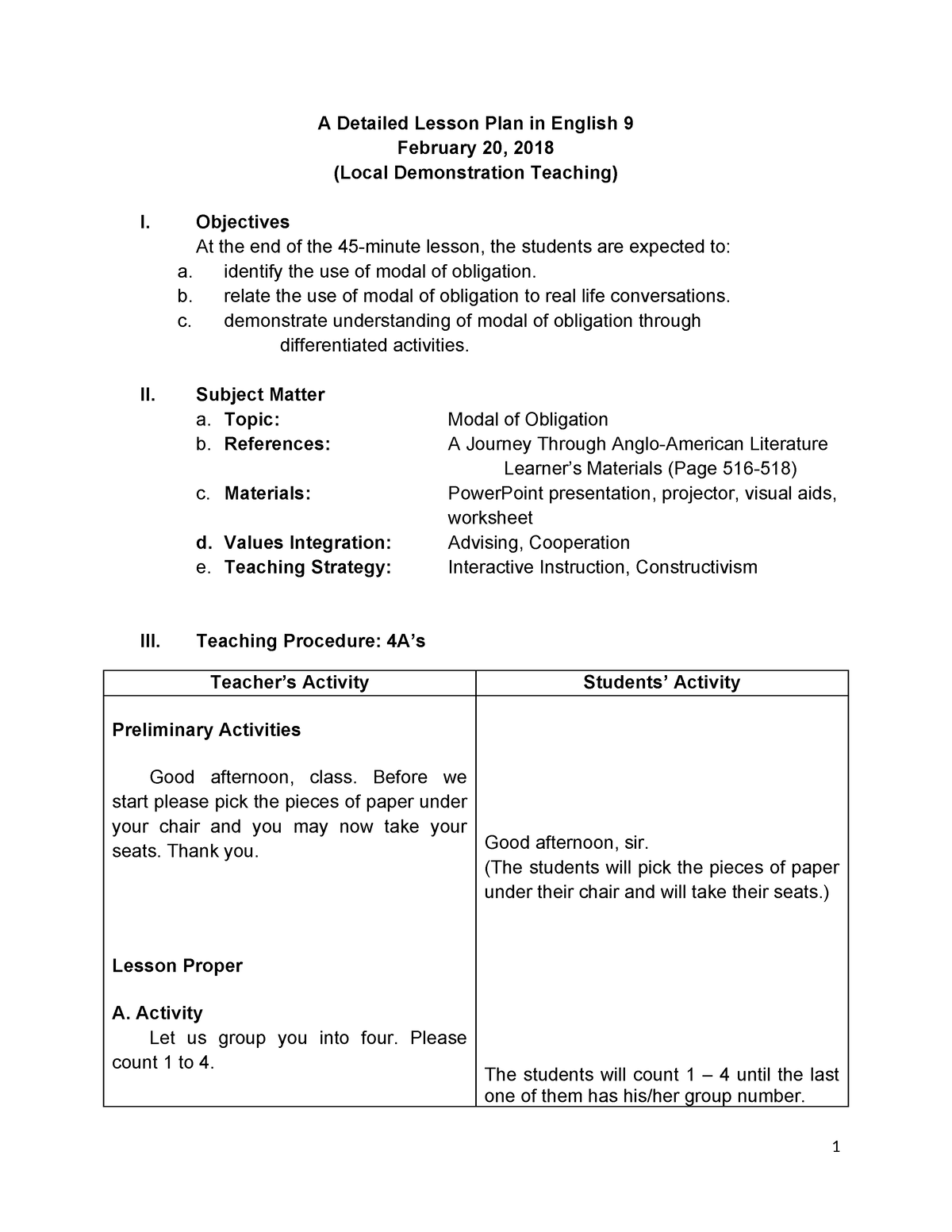 A Detailed Lesson Plan in English 9 - Objectives At the end of the 45 ...