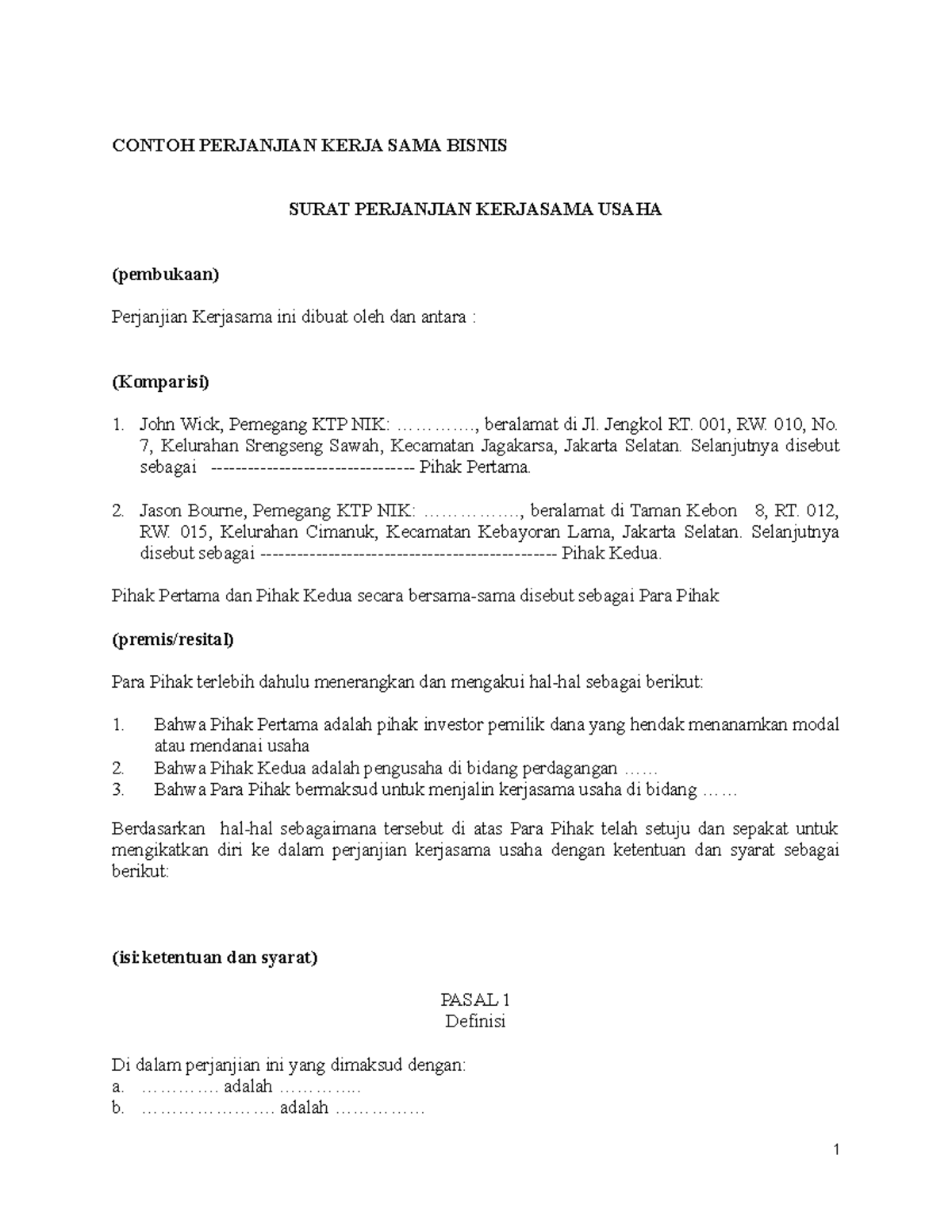 Contoh Perjanjian Kerja Sama Bisnis Contoh Perjanjian Kerja Sama Bisnis Surat Perjanjian