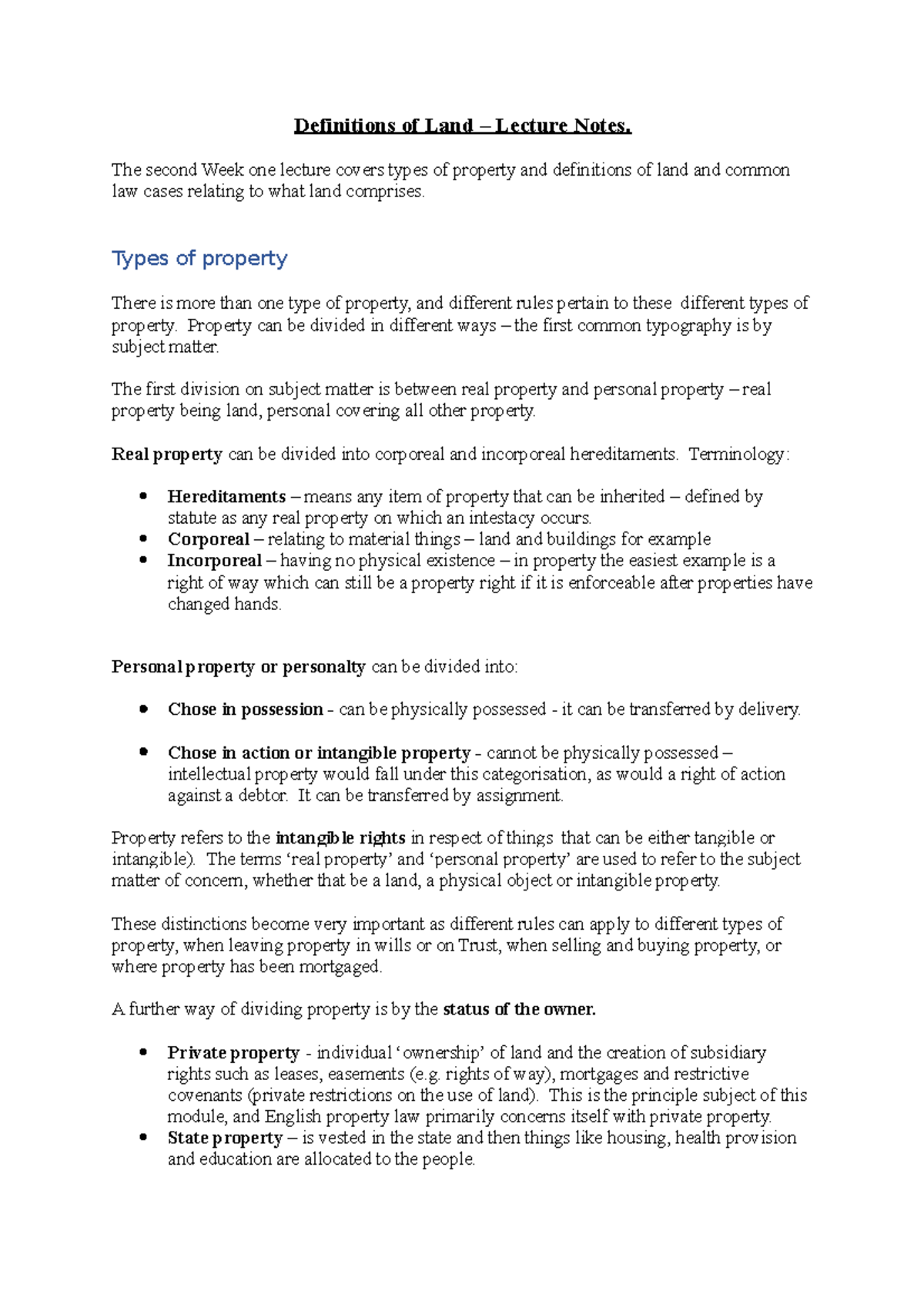 WK.1.Lec. 2 Fixtures and Fittings Lecture Notes Definitions of Land Lecture Notes. The