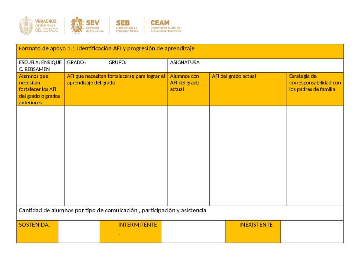 Form o1 - apumtes - Formato de apoyo 1 Identificación AFI y progresión ...