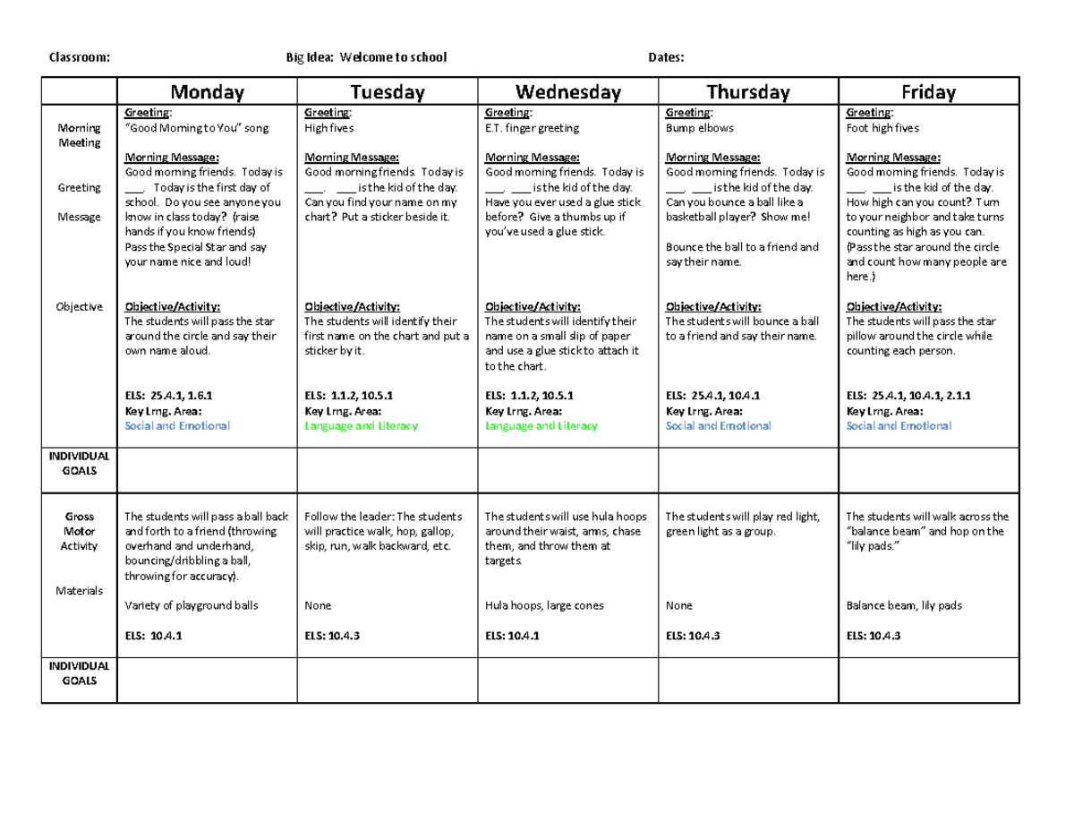 Leason planprek - CHILDCARE CDA - Classroom: Big Idea: Welcome to ...