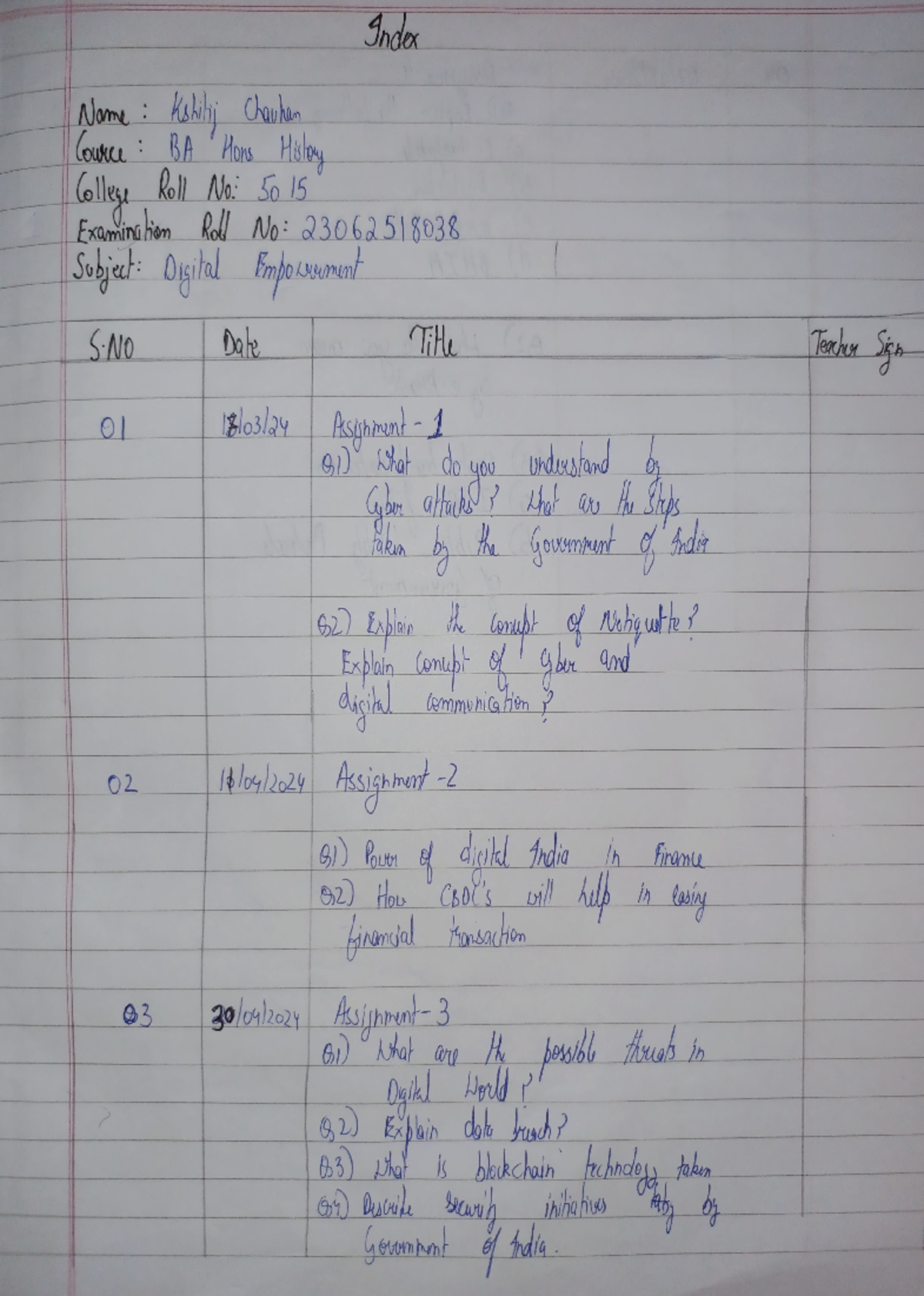 Digital empowerment assignment notebook - Index Name : Kshitij Chauhan ...