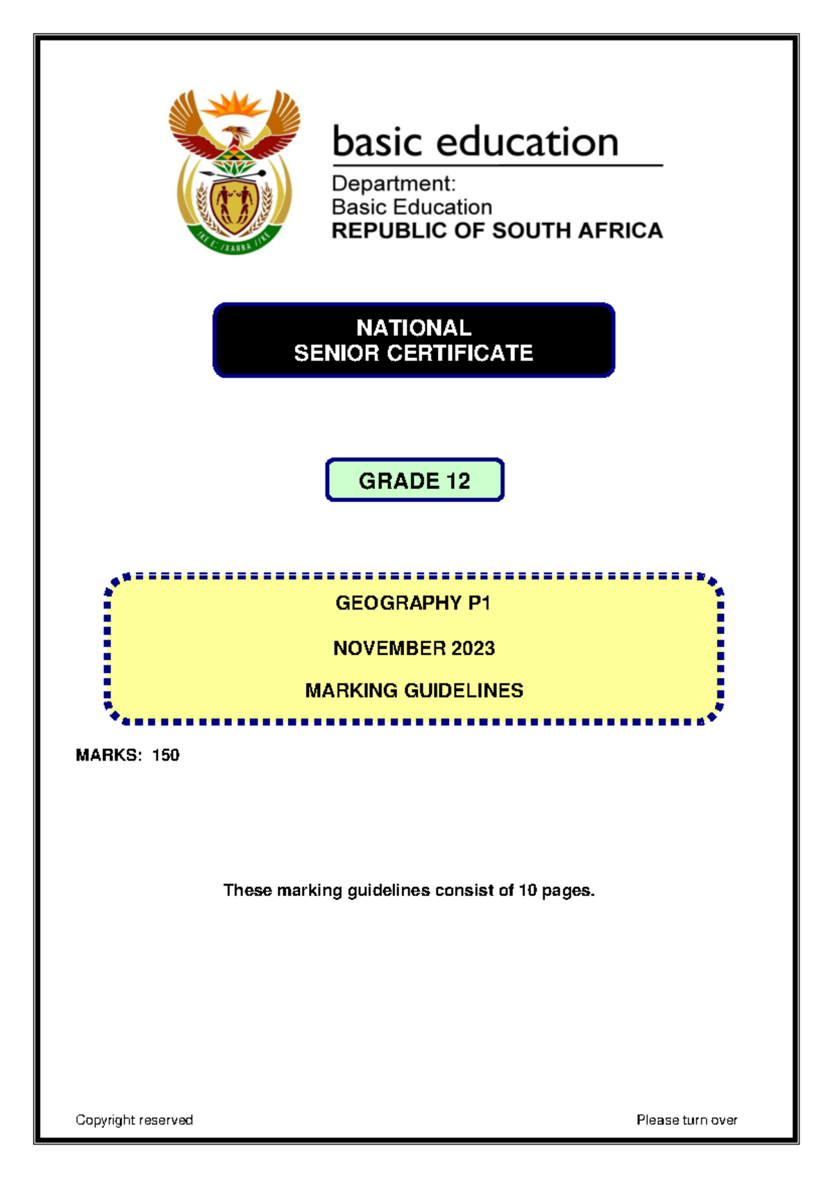 Geography P1 Nov 2023 MG Eng MARKS 150 These marking guidelines