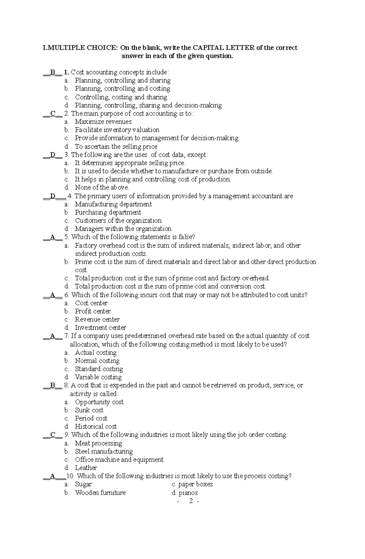 Accounting 223 EXAM 2022 - I CHOICE: On the blank, write the CAPITAL ...