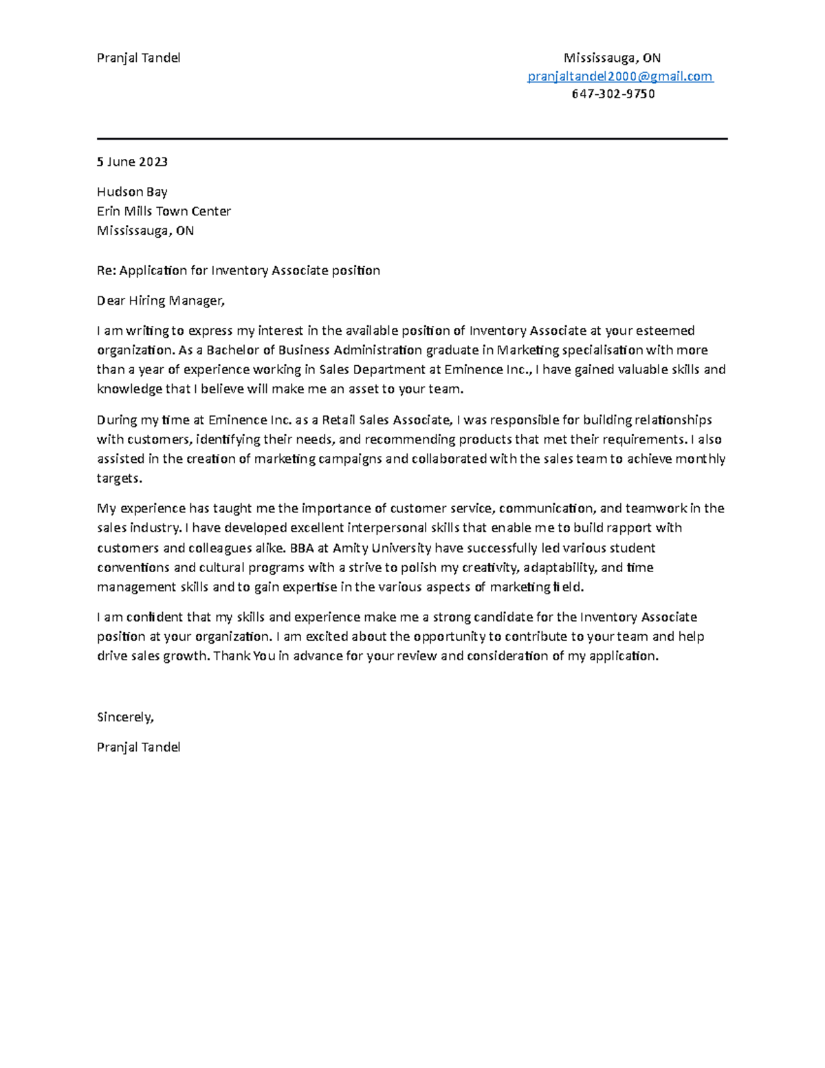 Cover Letter - THis is an example - Pranjal Tandel Mississauga, ON ...