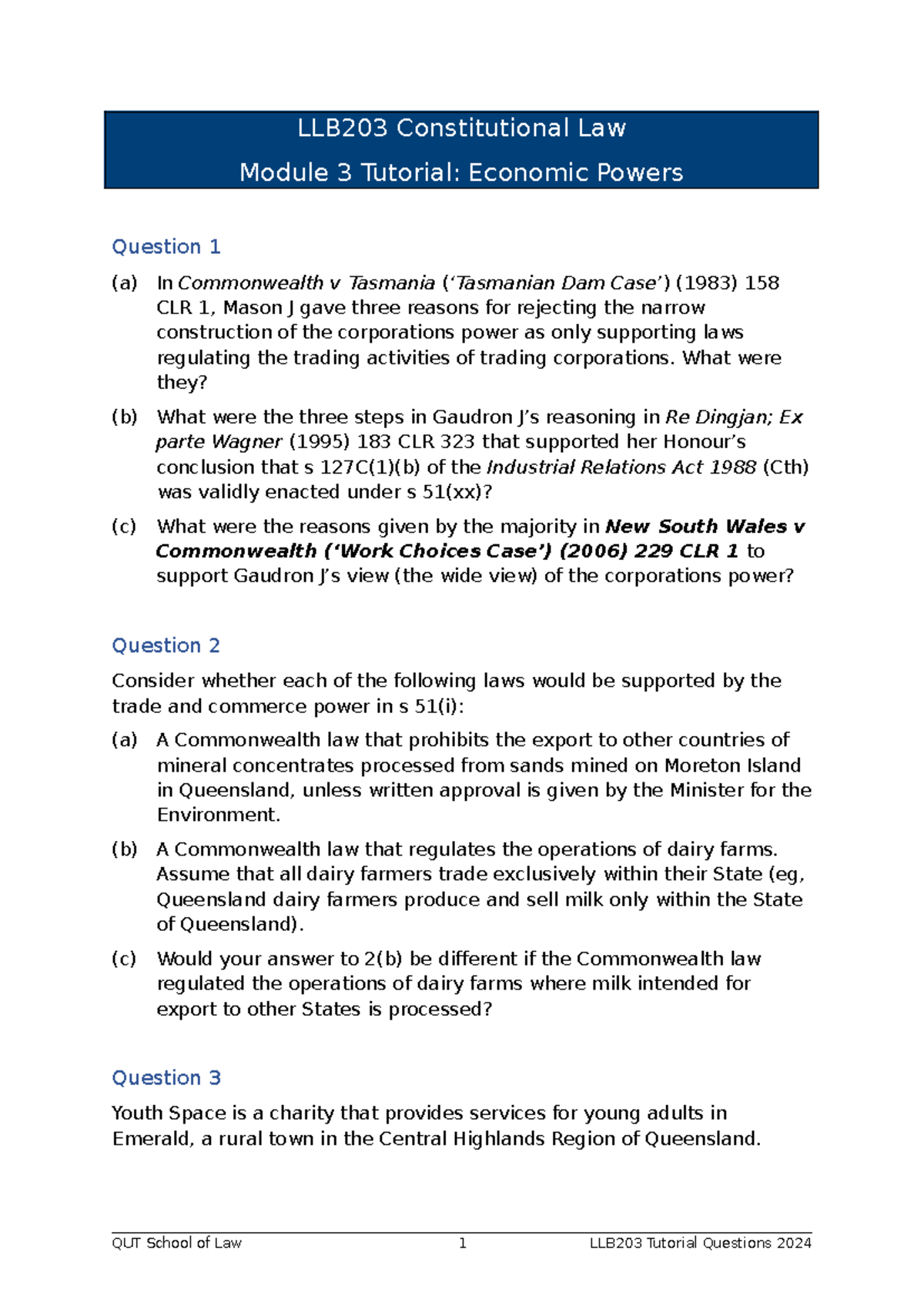 Module 3 Tutorial Questions - Economic Powers - LLB203 Constitutional ...